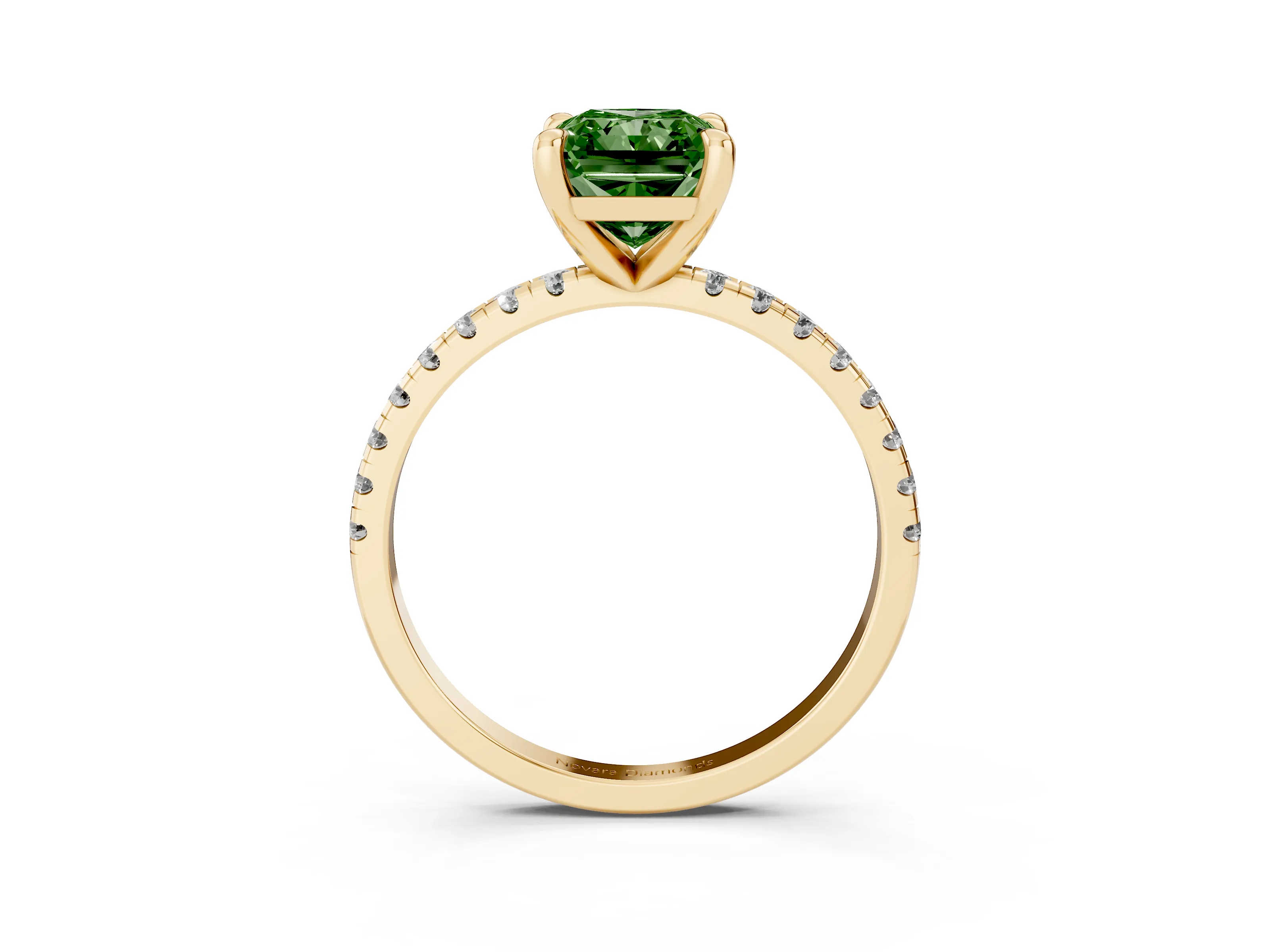 Fancy Green Radiant Cut Diamond Brilliant Solitaire Ring Set in Yellow gold with Pavé Band and Prong Setting