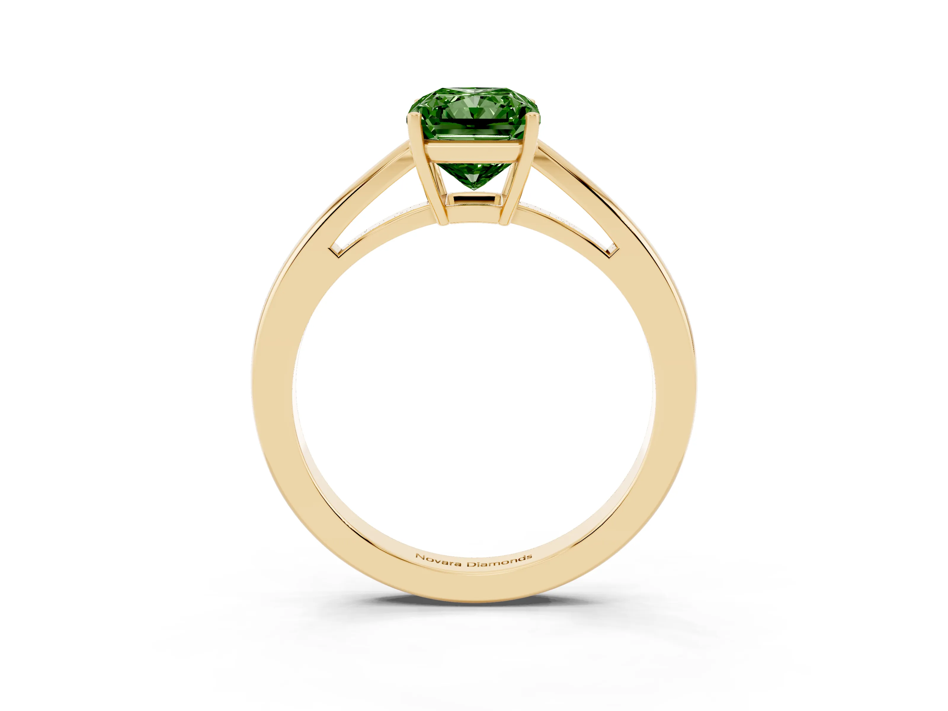 Fancy Green Radiant Cut Diamond Solitaire Ring Set in Yellow gold with Split Shank and Prong Setting