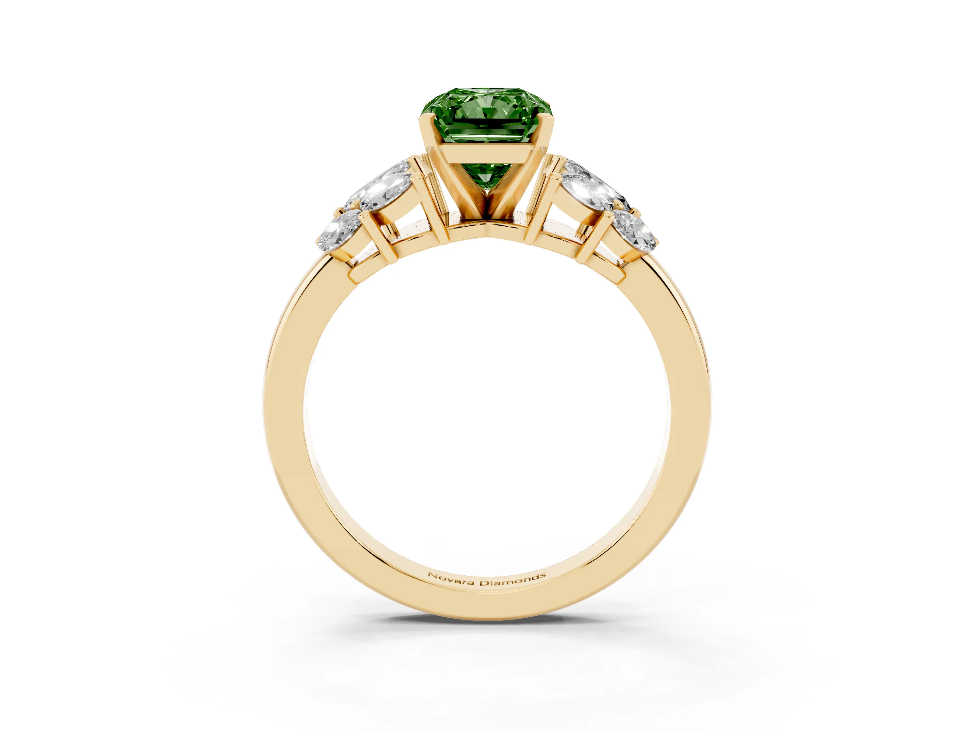 Fancy Green Radiant Cut Diamond Cluster Leaf Design Ring Set in Yellow gold with Prong Setting