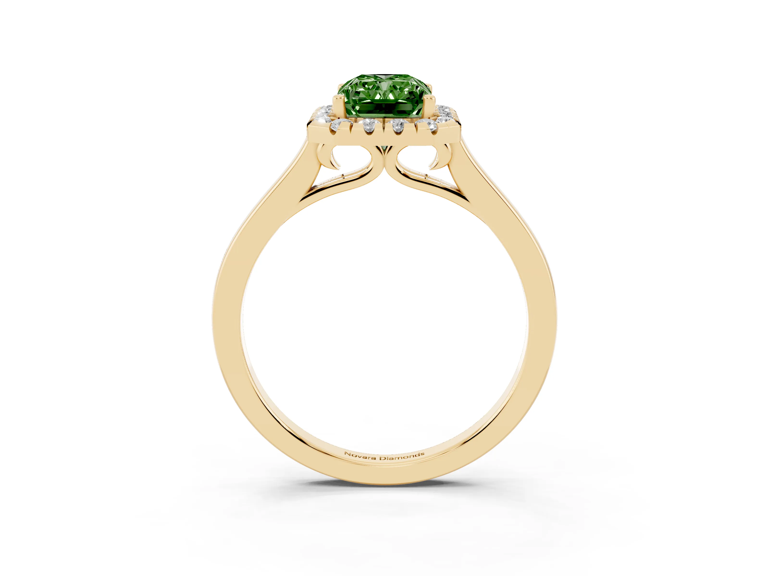Fancy Green Radiant Cut Halo Round Diamond Solitaire Ring Set in Yellow gold with Pavé Band and Prong Setting
