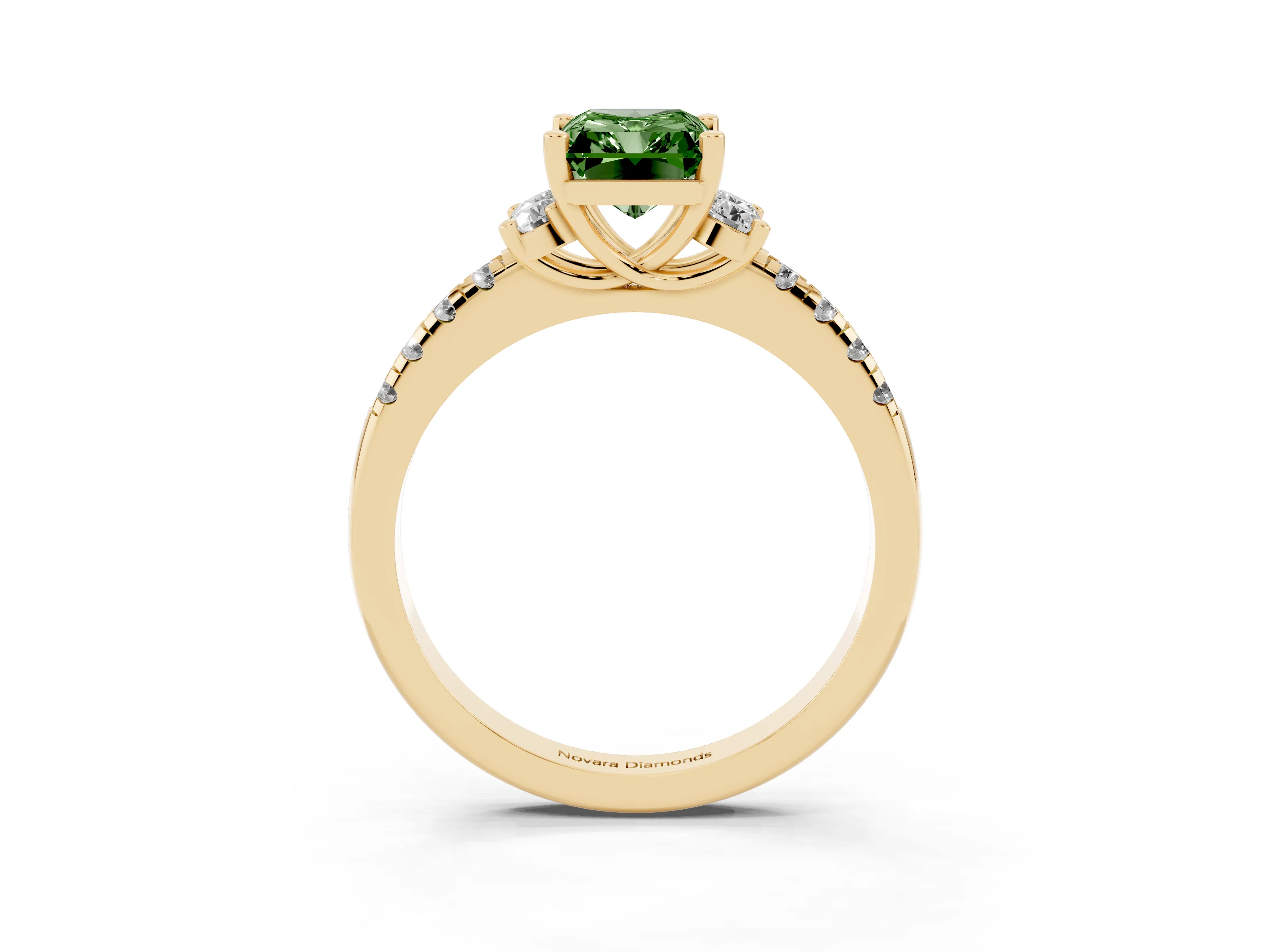 Fancy Green Radiant Cut Diamond Three-Stone Pavé Ring Set in Yellow gold with Prong Setting