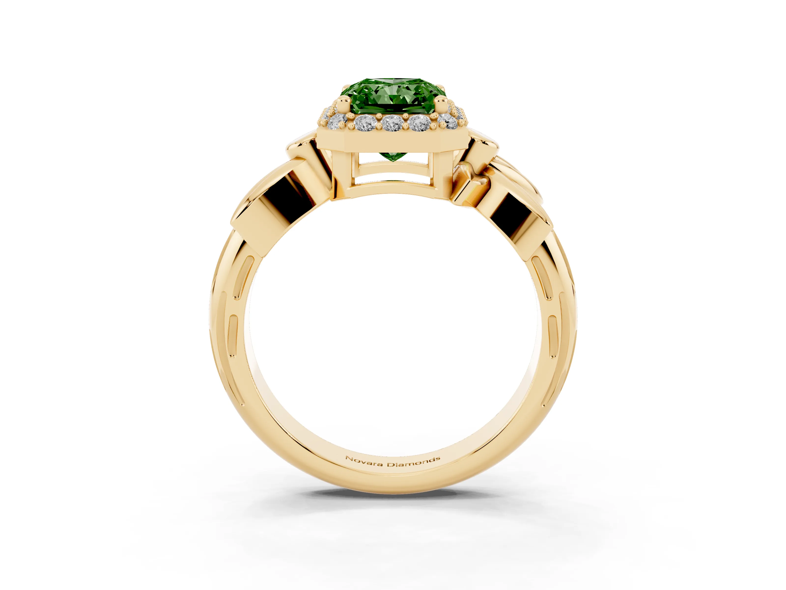 Fancy Green Radiant Cut Diamond Halo Floral Band Ring Set in Yellow gold with Prong Setting