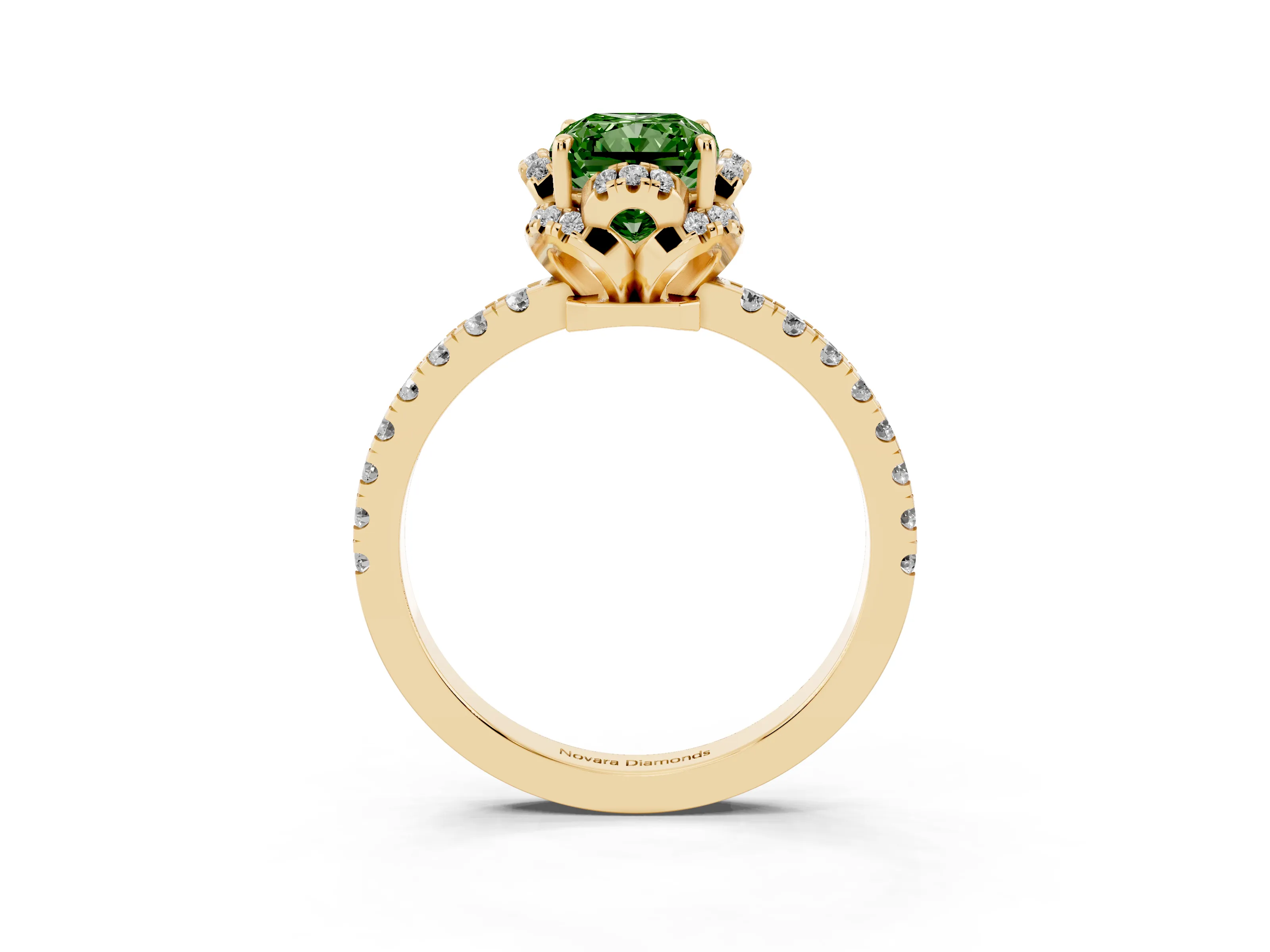 Fancy Green Radiant Cut Diamond Halo Pavé Band Ring Set in Yellow gold with Prong-Held Center
