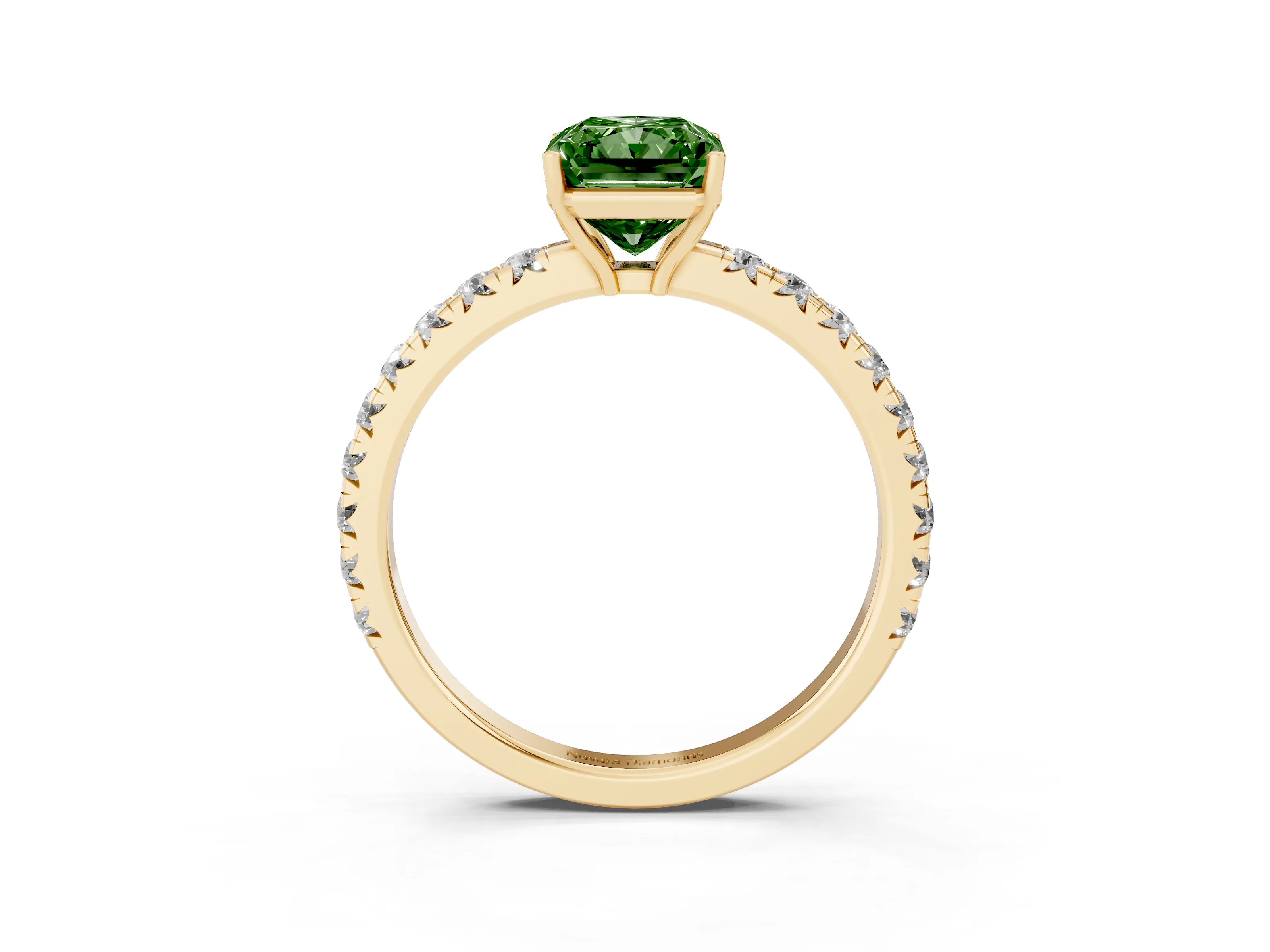 Fancy Green Radiant Cut Diamond Pavé Solitaire Engagement Ring Set in Yellow gold with Prong Setting