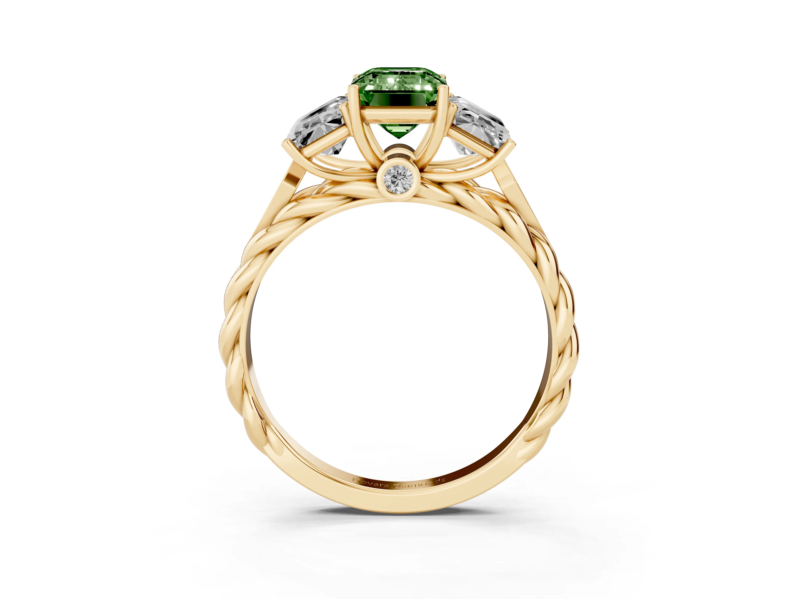 Fancy Green Radiant Cut Diamond Three-Stone Ring Set in Yellow gold with Braided Band