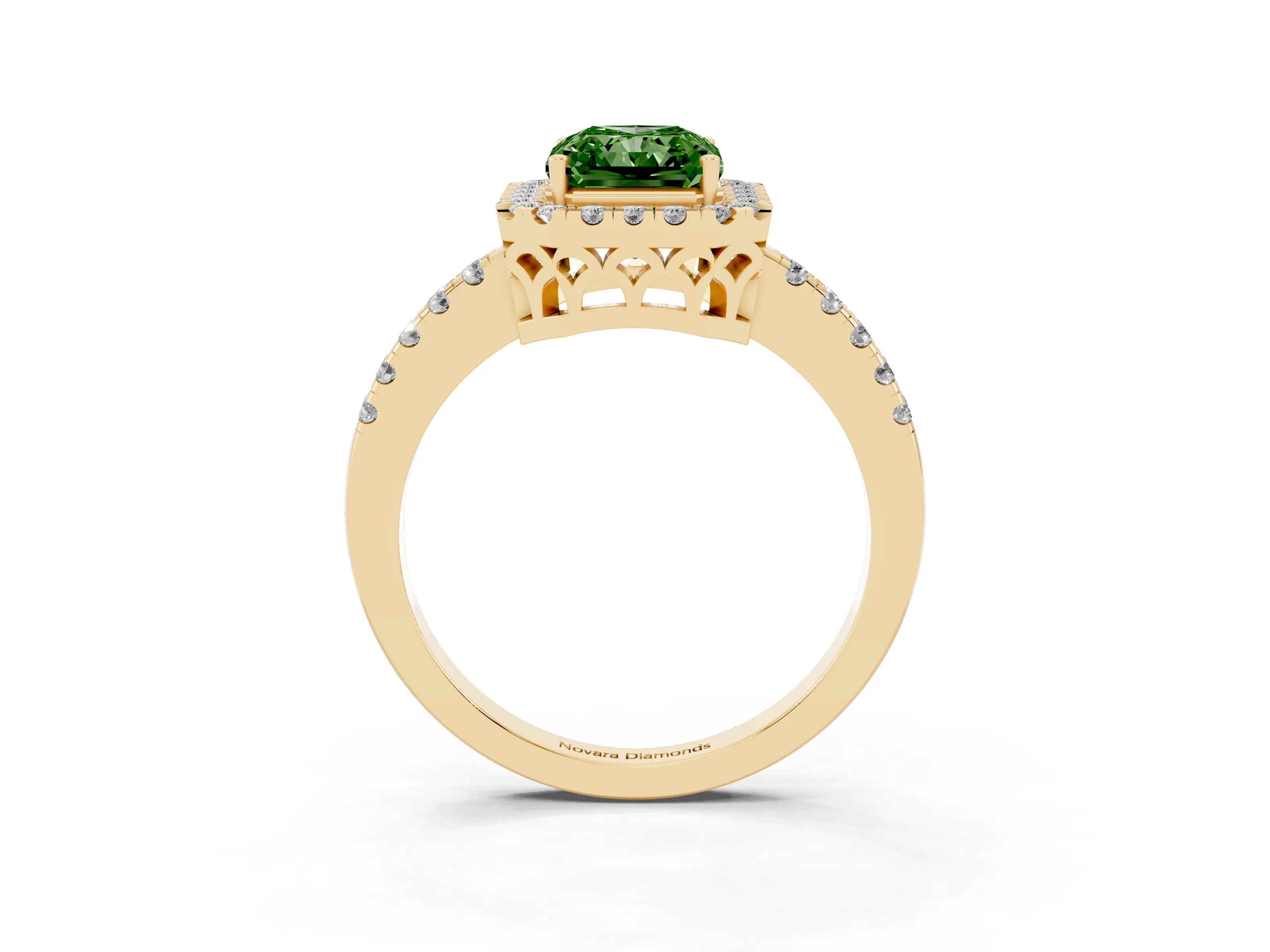 Fancy Green Radiant Cut Diamond Pavé Band Halo Engagement Ring Set in Yellow gold with Prong Setting