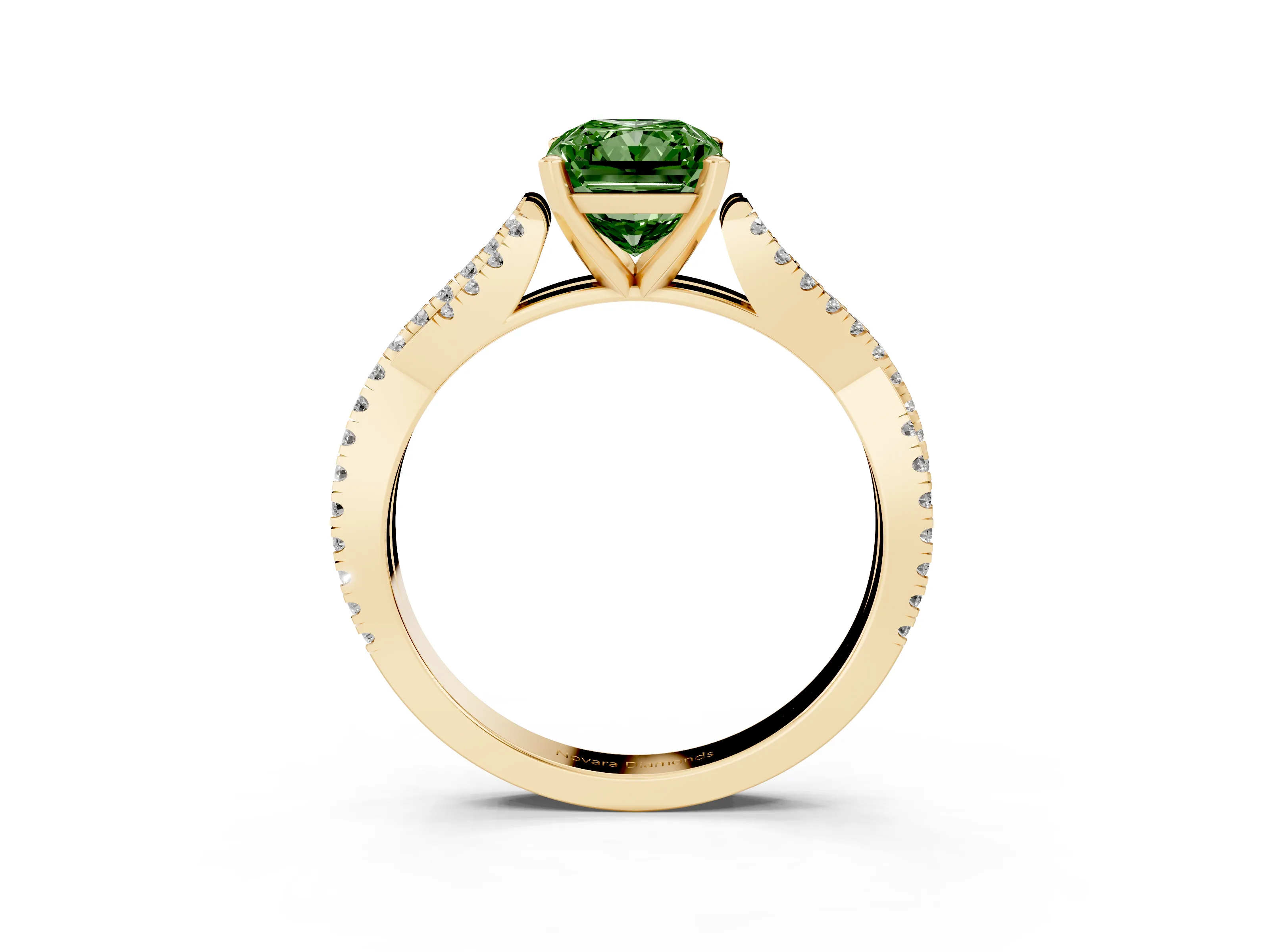 Fancy Green Radiant Cut Diamond Solitaire Engagement Ring Set in Yellow gold with Twisted Pavé Band and Prong Setting