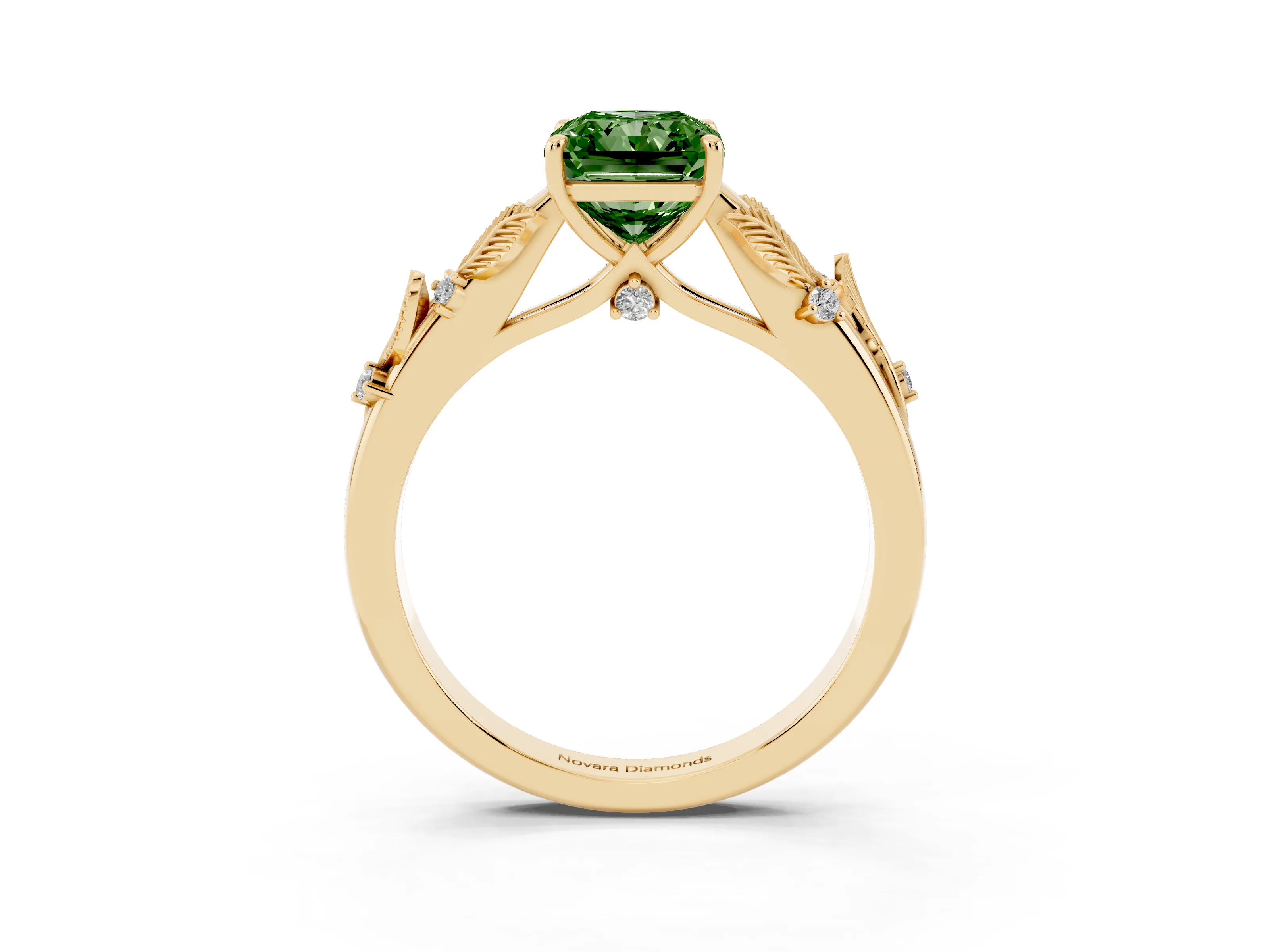 Fancy Green Radiant Cut Diamond Solitaire Ring Set in Yellow gold with Leaf Motif Band