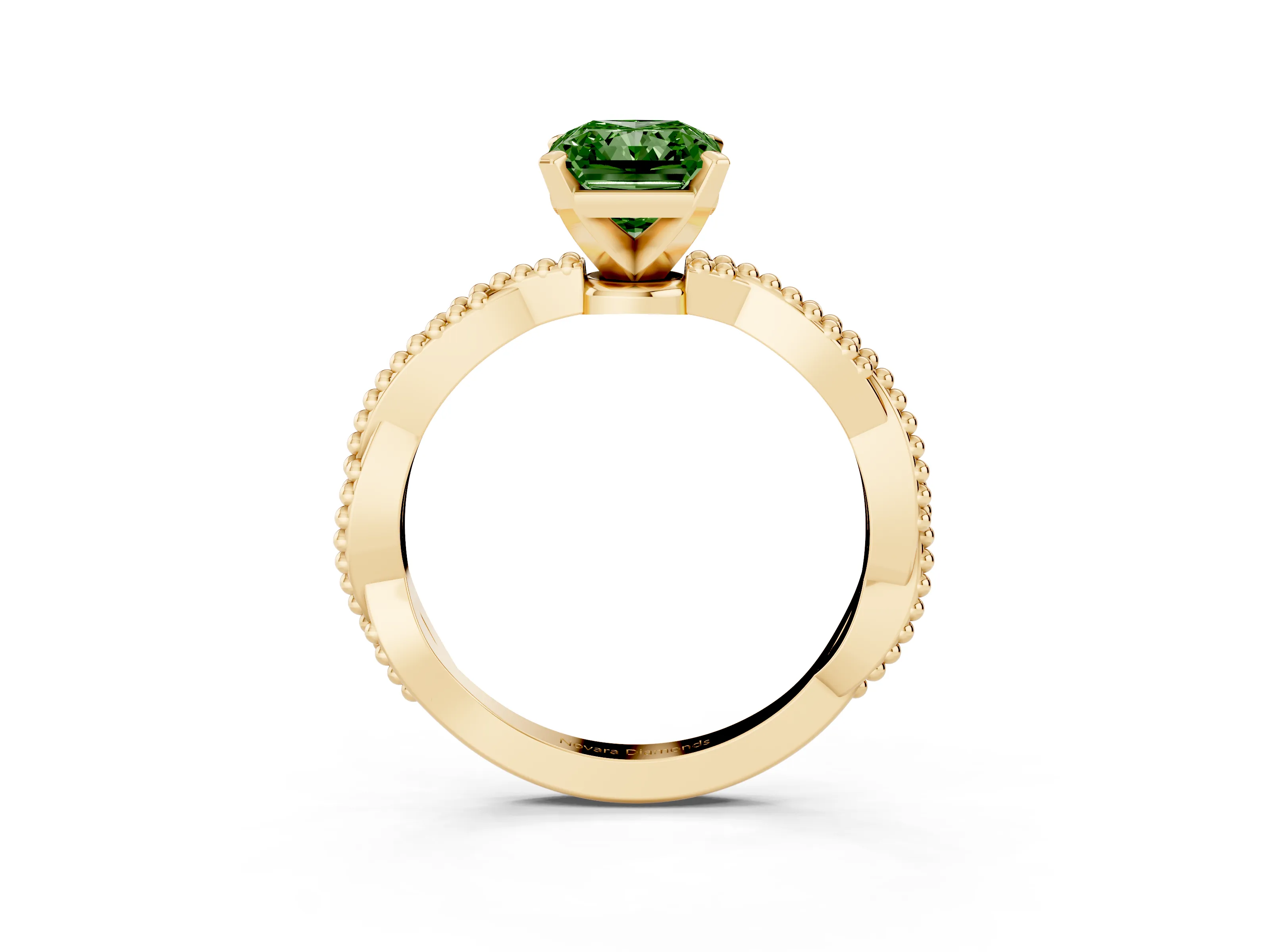 Fancy Green Radiant Cut Diamond Solitaire Ring Set in Yellow gold with Twisted Band and Bead Prong Setting