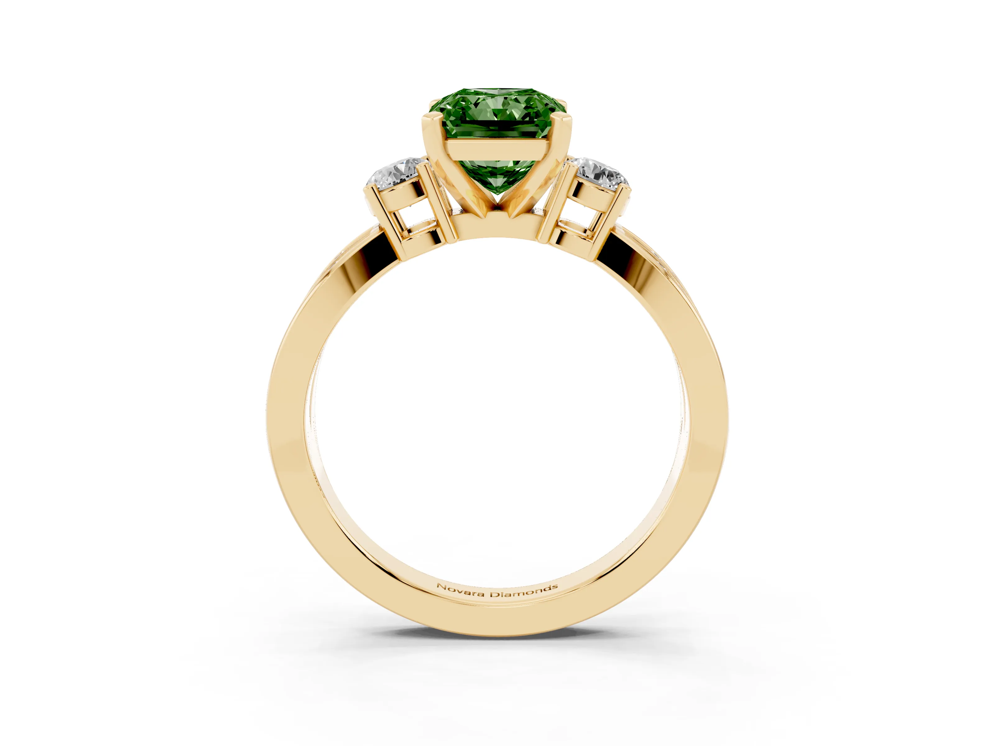 Fancy Green Three-Stone Radiant Cut Diamond Twist Band Ring Set in Yellow gold with Pavé Accents and Prong Setting