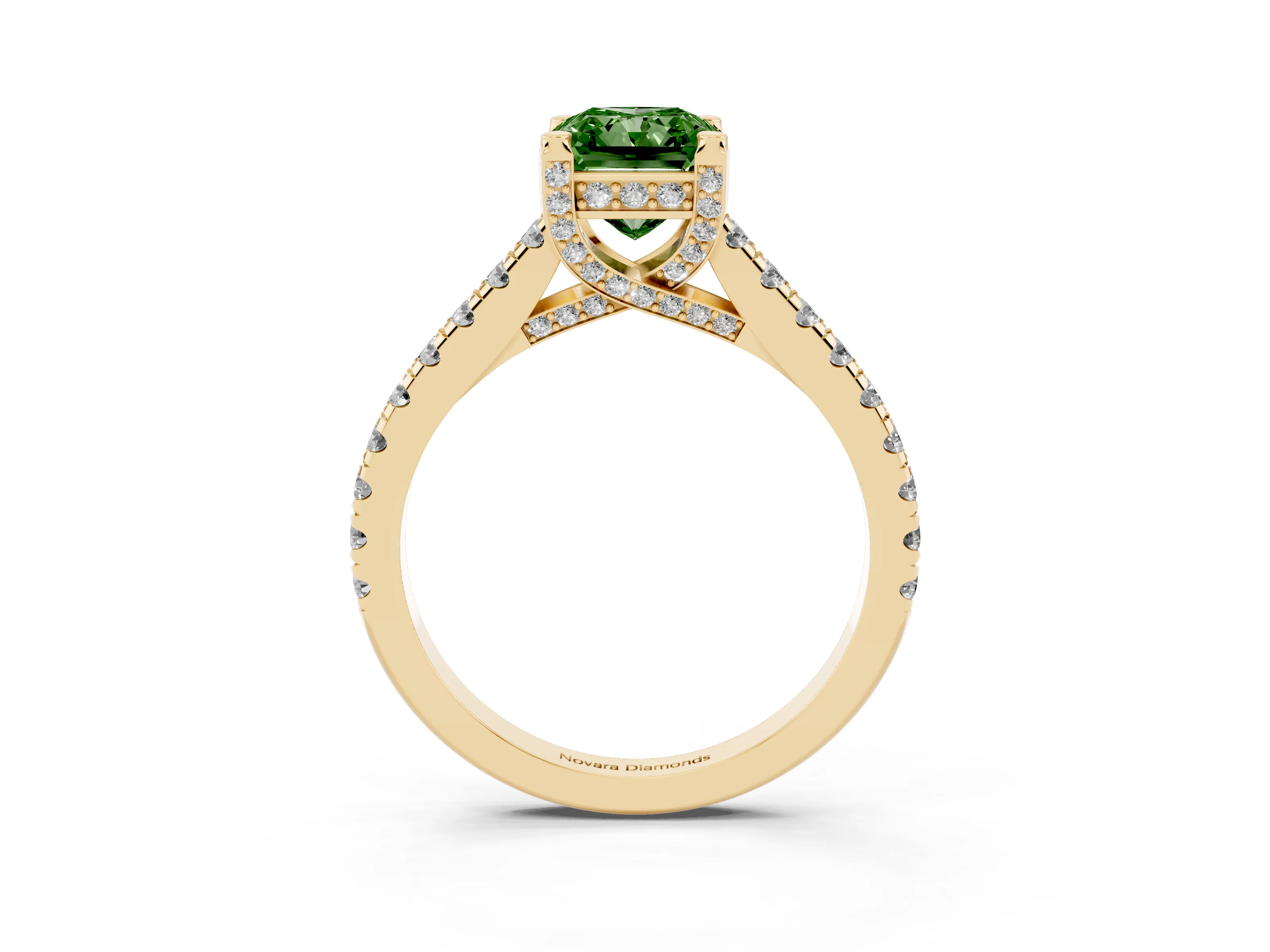 Fancy Green Radiant Cut Diamond Solitaire Ring Set in Yellow gold with Brilliant Pavé Band and Prong Setting