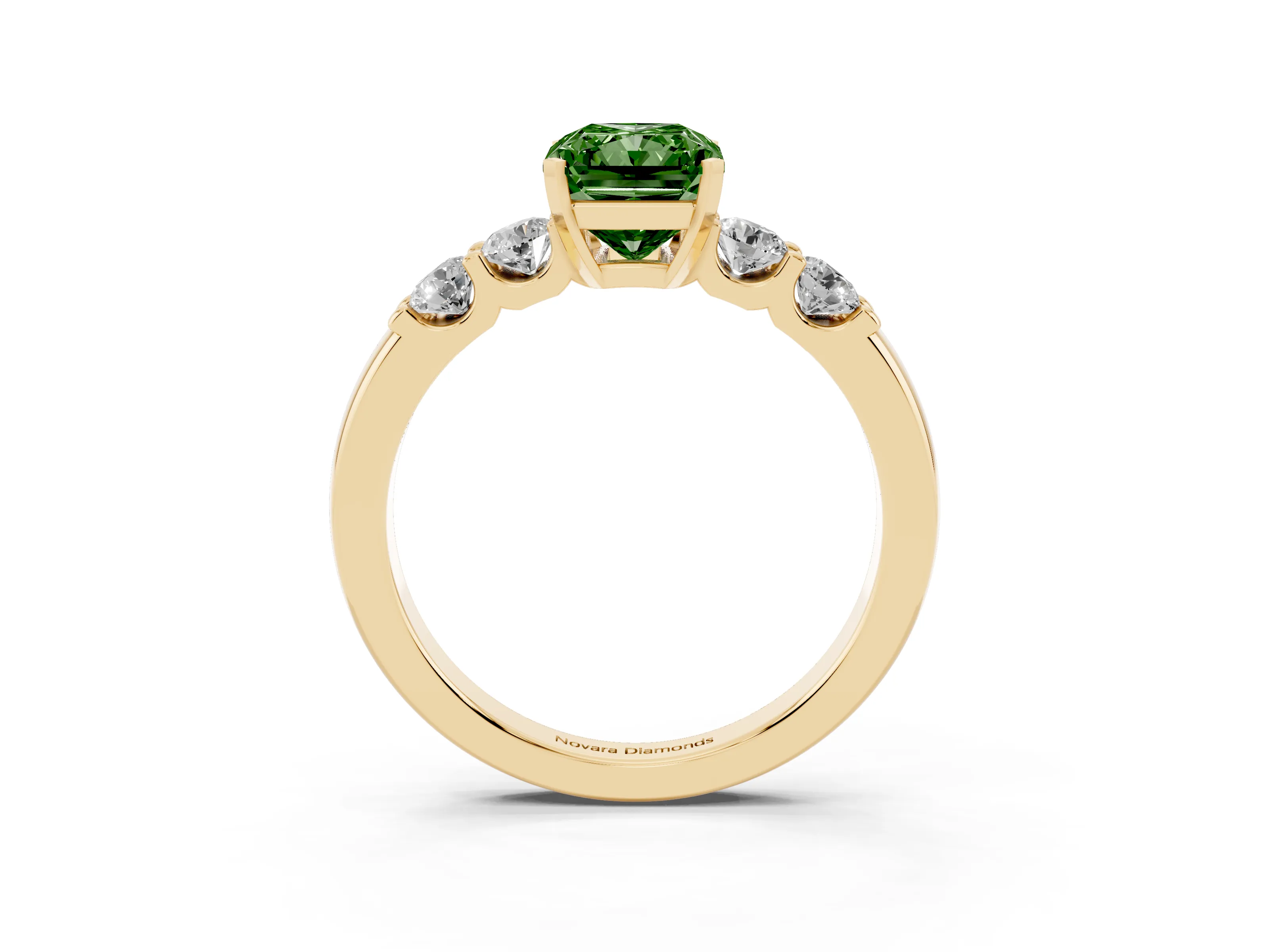 Fancy Green Radiant Cut Diamond Five-Stone Prong Set Engagement Ring Set in Yellow gold with Channel Band