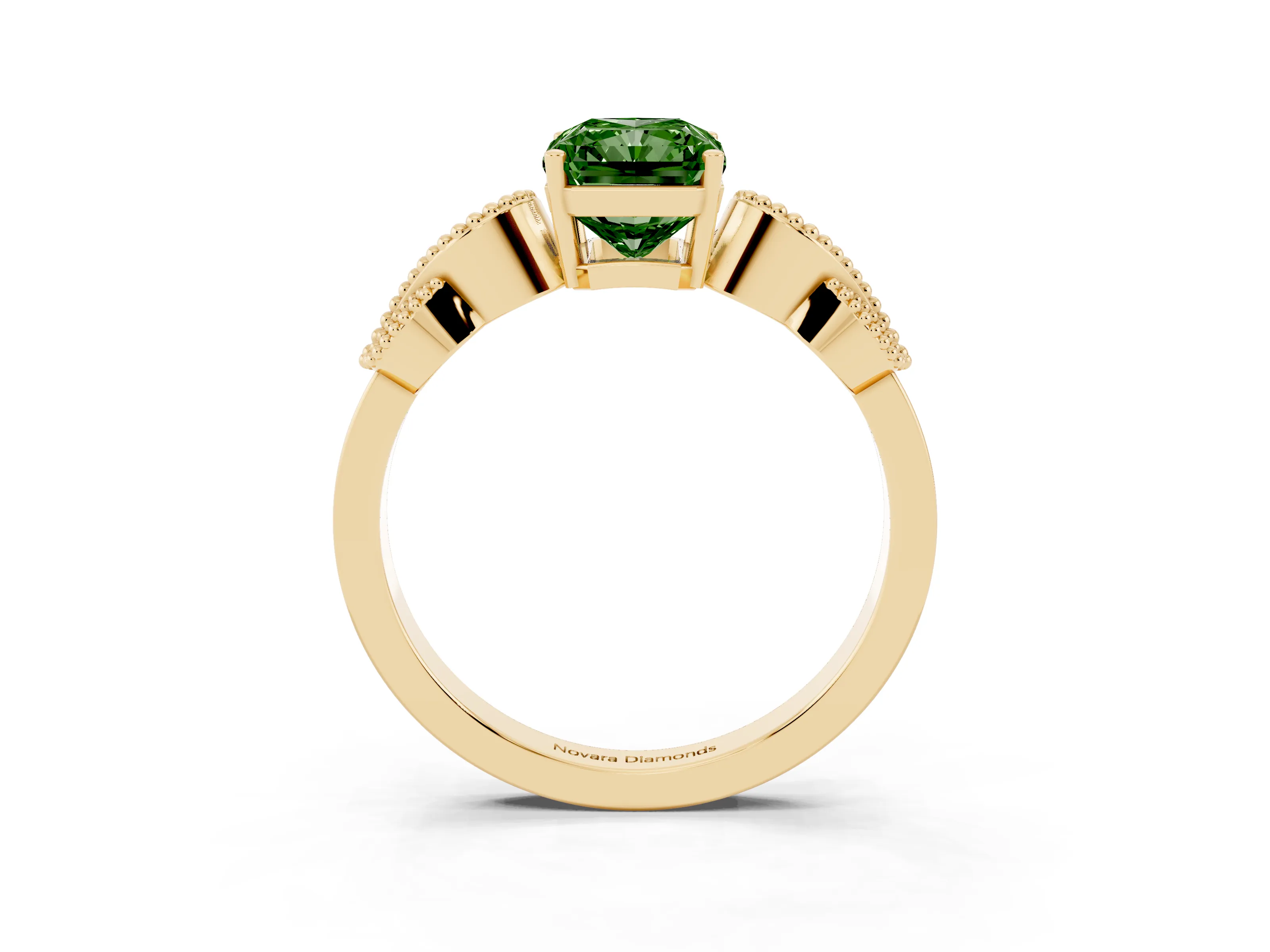 Fancy Green Radiant Cut Diamond Milgrain Leaf Band Solitaire Ring Set in Yellow gold with Accent Stones and Prong Setting