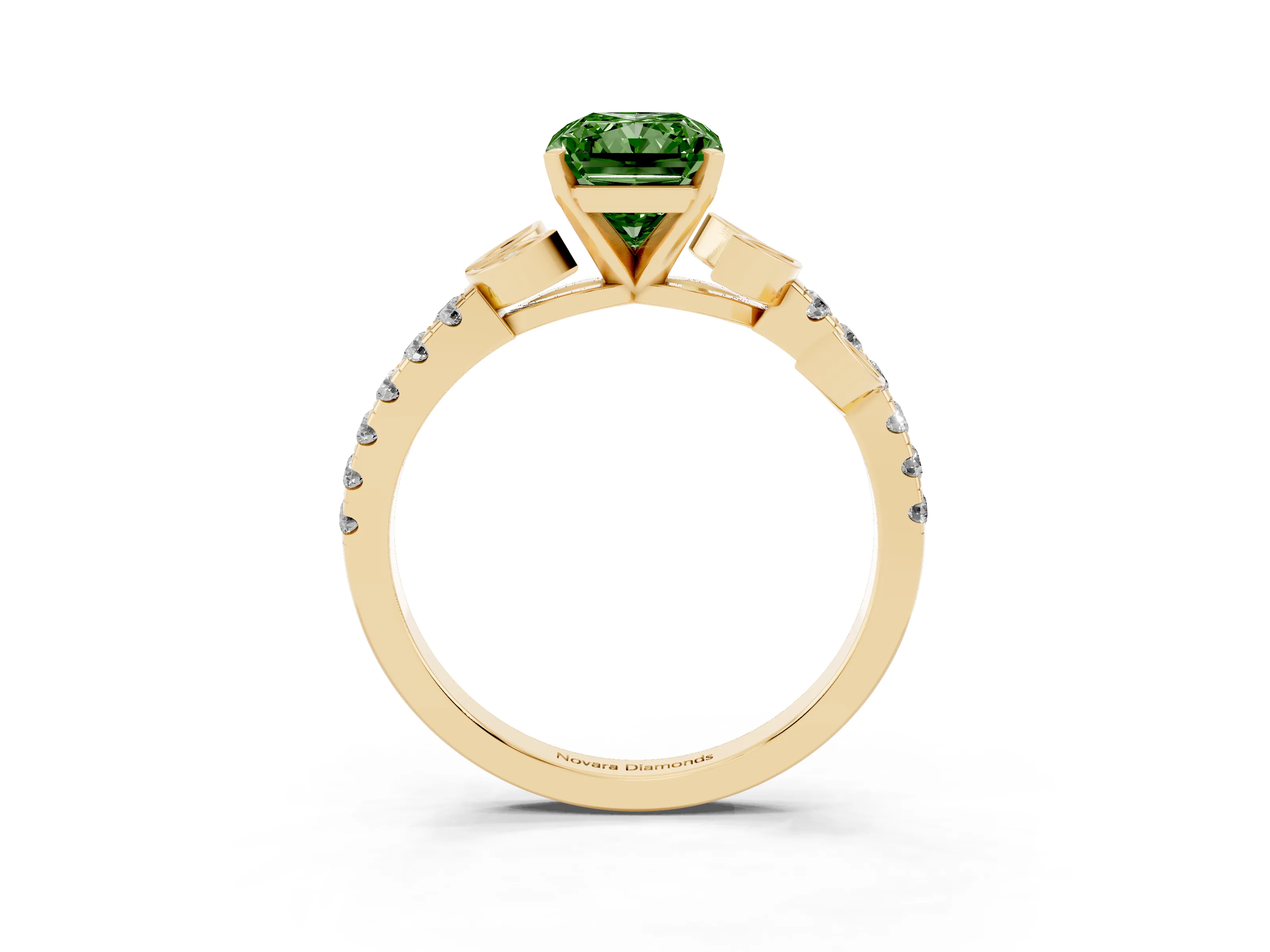 Fancy Green Radiant Cut Diamond Solitaire Leaf-Inspired Ring Set in Yellow gold with Pavé Band and Prong Setting