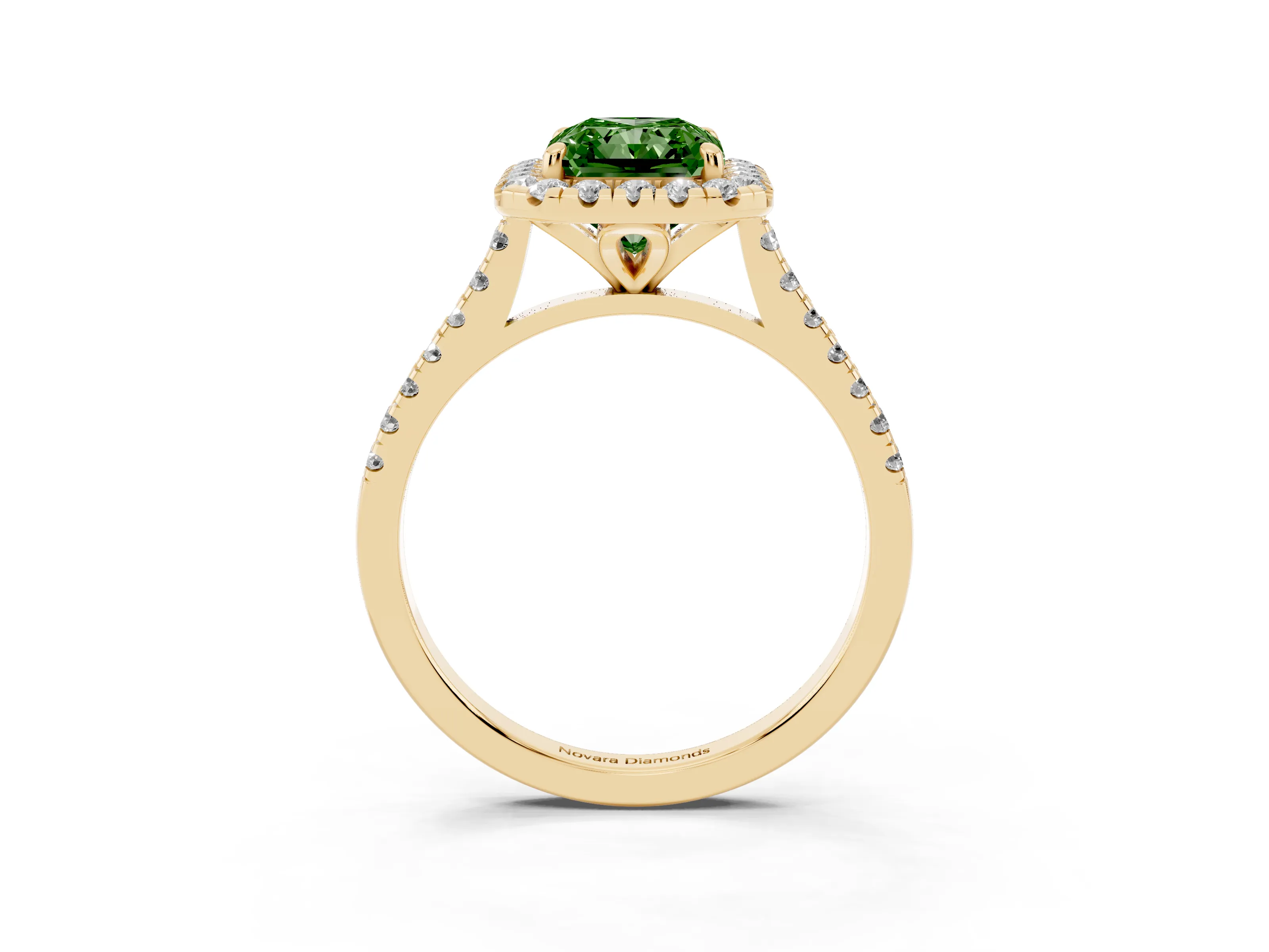 Fancy Green Radiant Cut Diamond Cushion Halo Ring Set in Yellow gold with Pavé Band