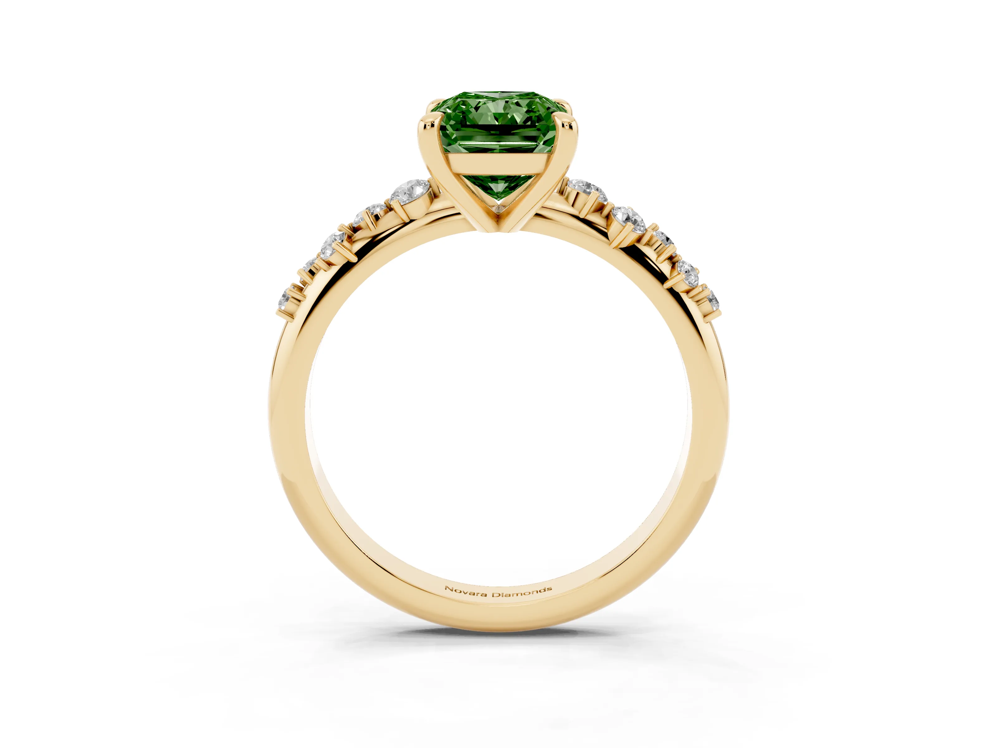 Fancy Green Radiant Cut Diamond Solitaire Vine Band Ring Set in Yellow gold with Round Accents and Prong Setting