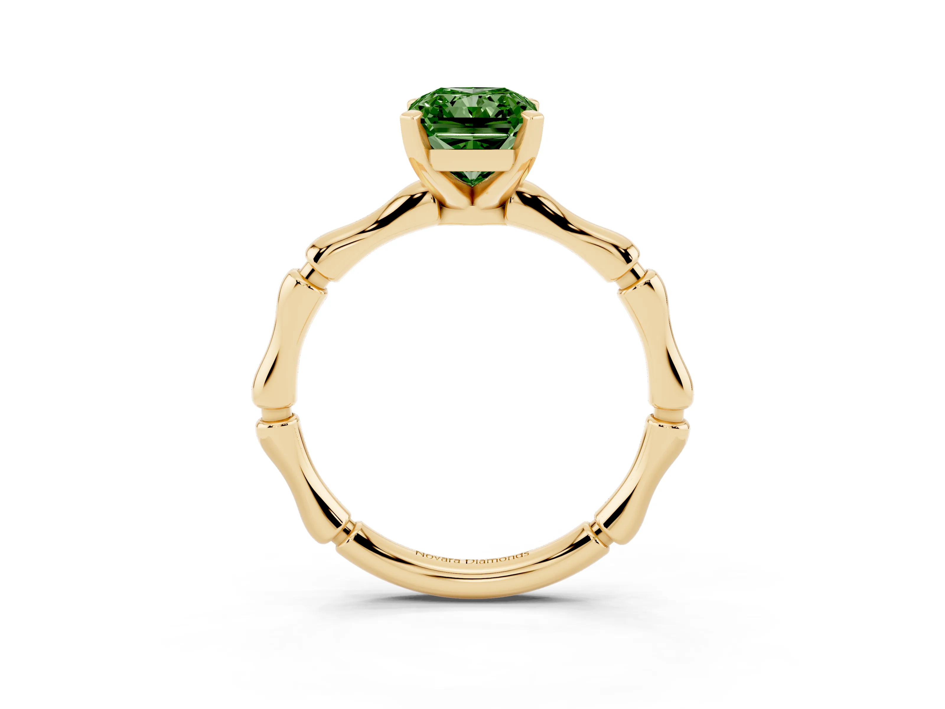 Fancy Green Radiant Cut Diamond Solitaire Ring Set in Yellow gold with Bamboo Band and Prong Setting