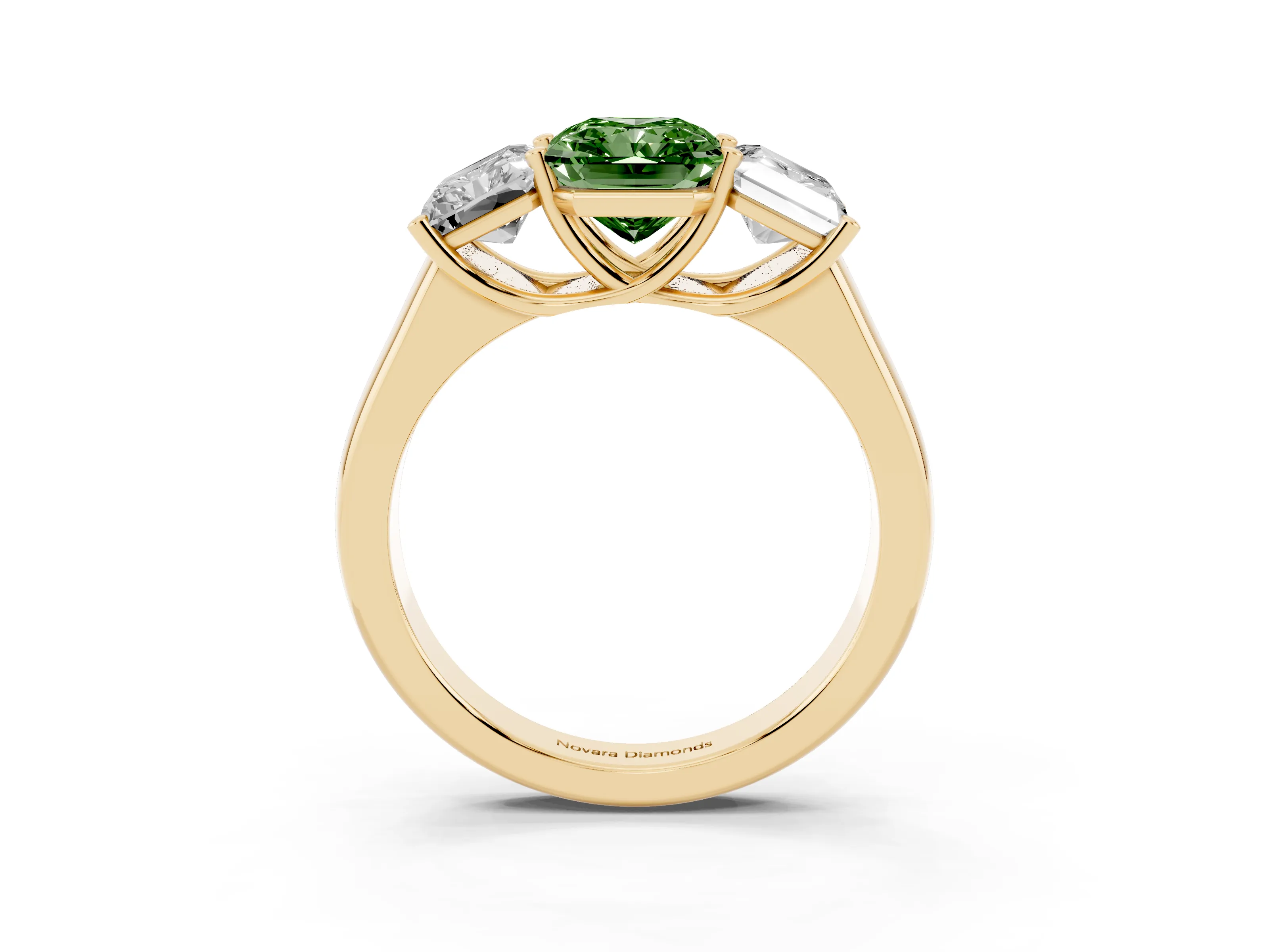 Fancy Green Radiant Cut Diamond Three-Stone Ring Set in Yellow gold with Plain Polished Band