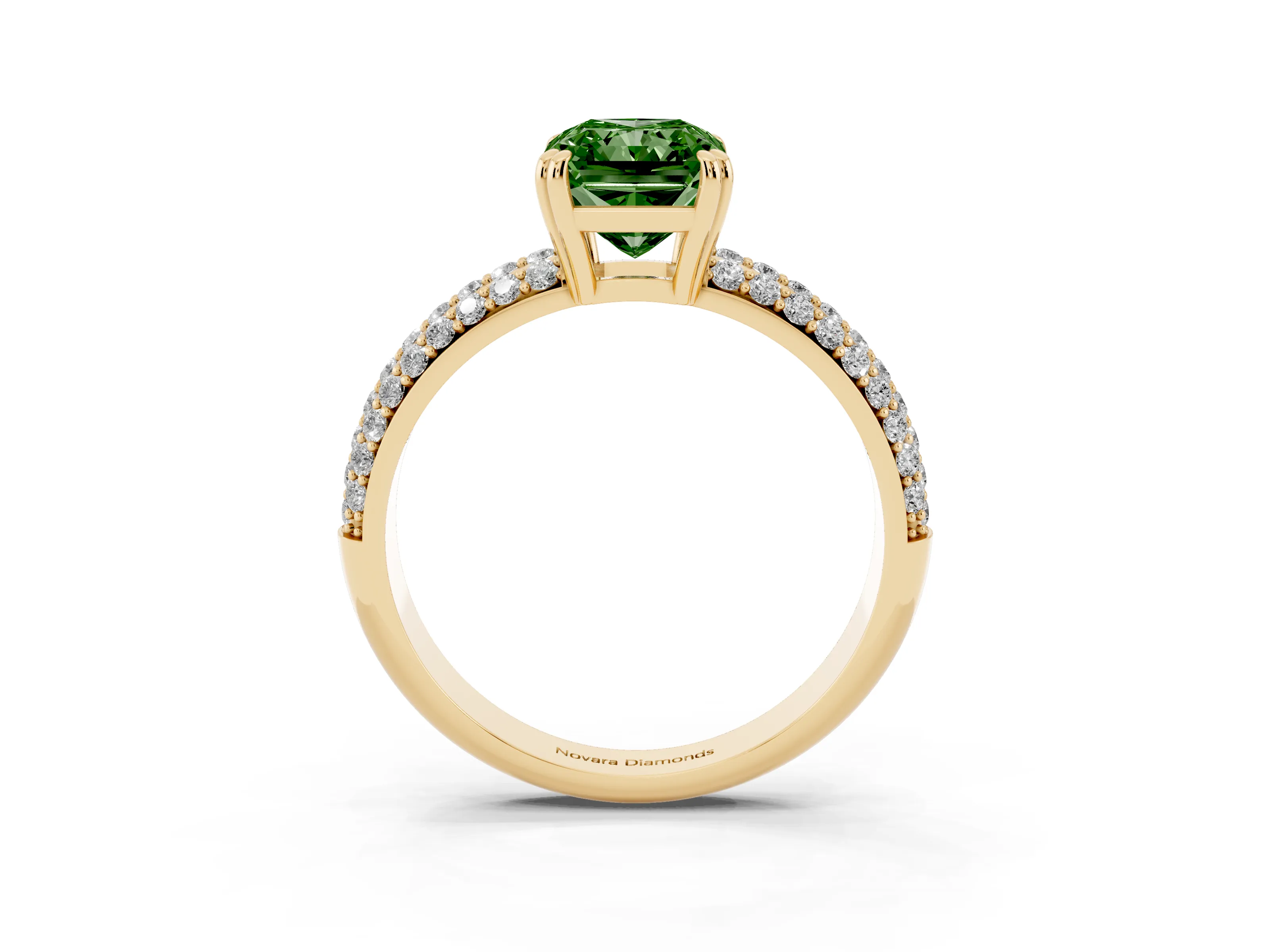 Fancy Green Radiant Cut Diamond Solitaire Ring Set in Yellow gold with Multi-Row Round Pavé Band and Prong Setting