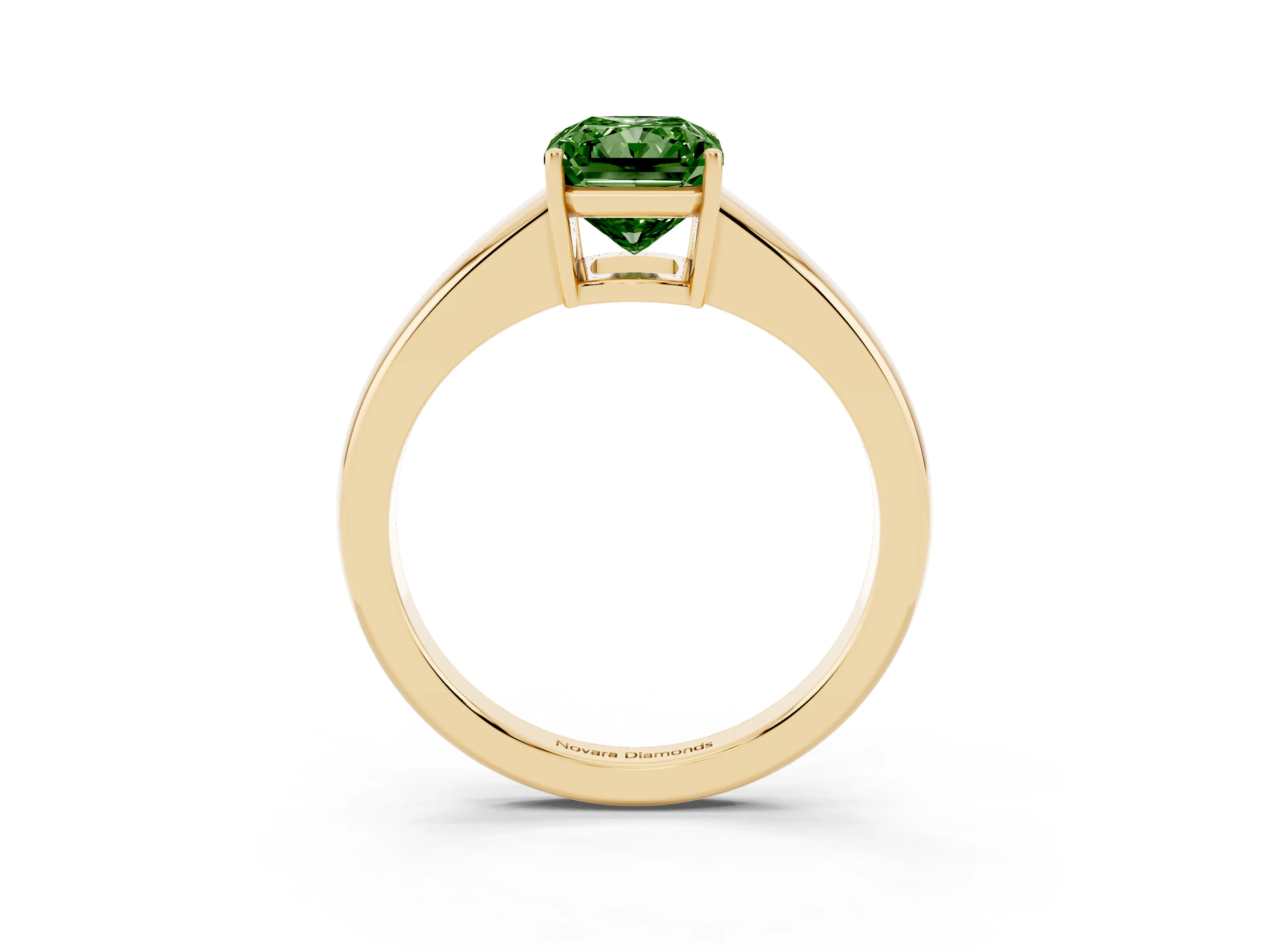 Fancy Green Radiant Cut Diamond Solitaire Ring Set in Yellow gold with Tapered Band and Prong Setting
