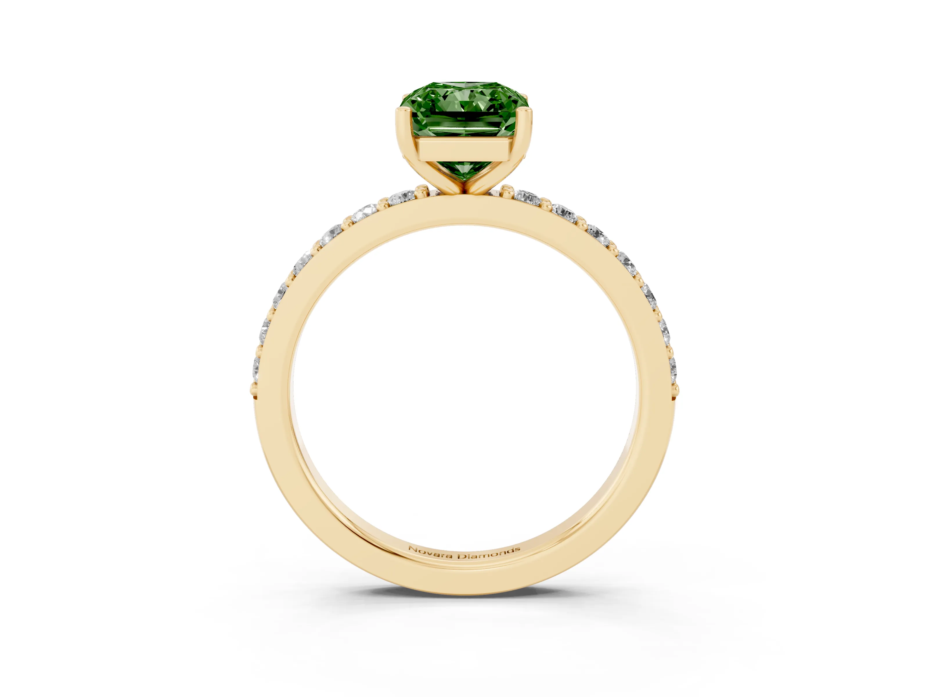 Fancy Green Radiant Cut Diamond Solitaire Set in Yellow gold with Round Pavé Band and Prong Setting