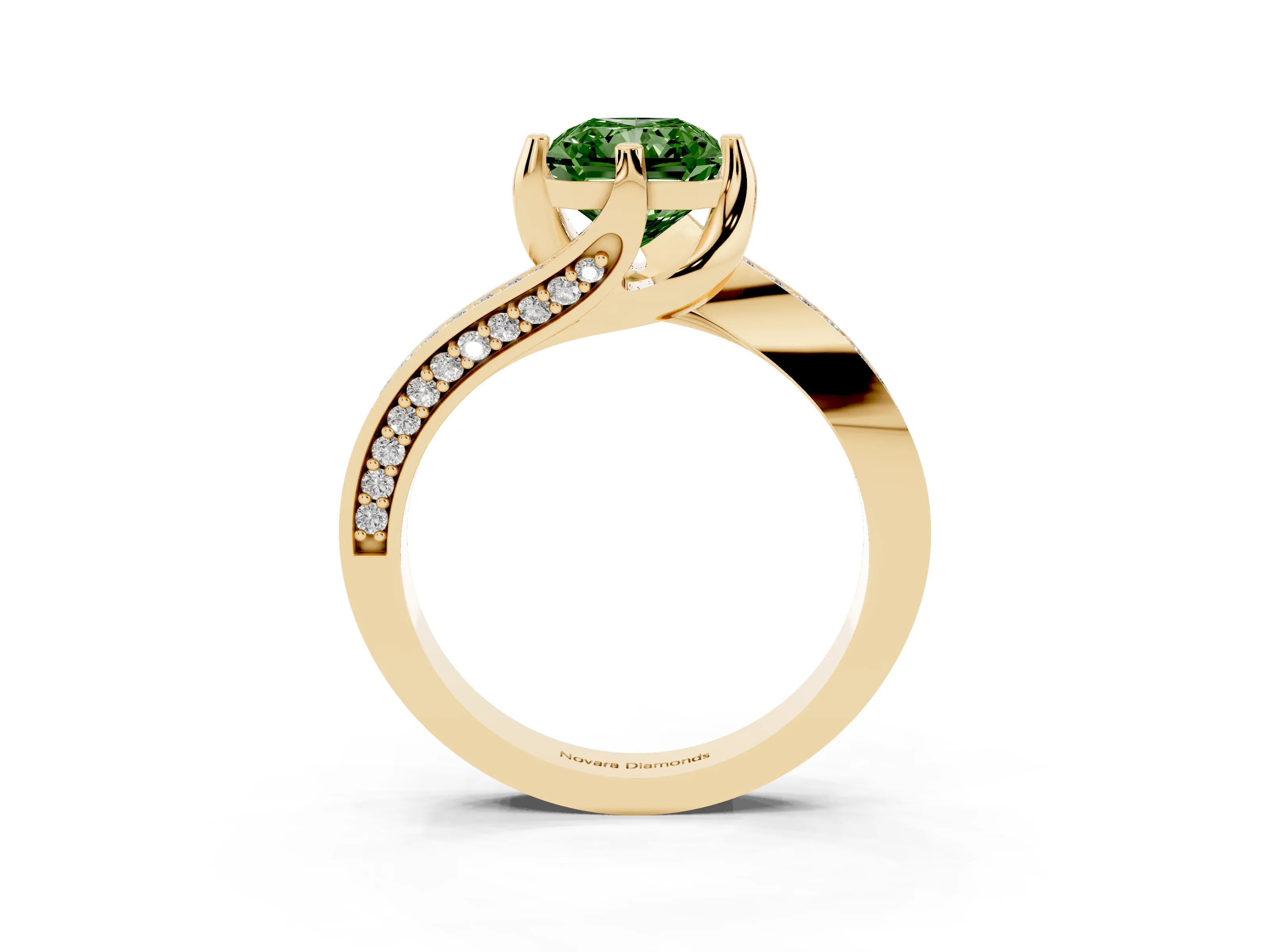 Fancy Green Radiant Cut Diamond Solitaire Ring Set in Yellow gold with Intertwined Pavé Twist Band