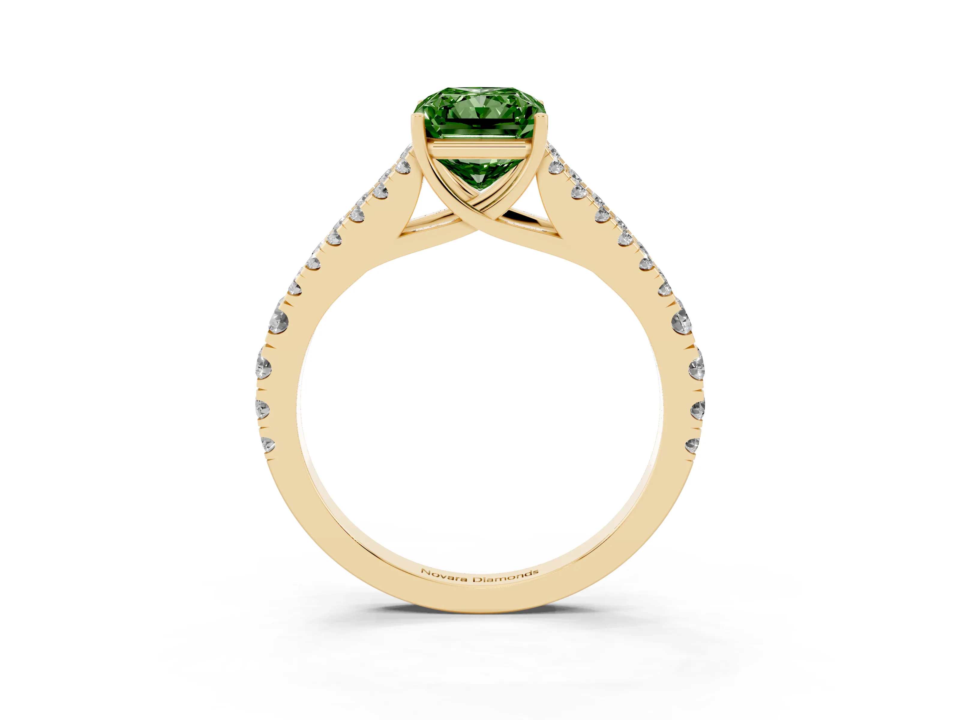 Fancy Green Radiant Cut Diamond Split Shank Pavé Engagement Ring Set in Yellow gold with Prong-Held Center Stone