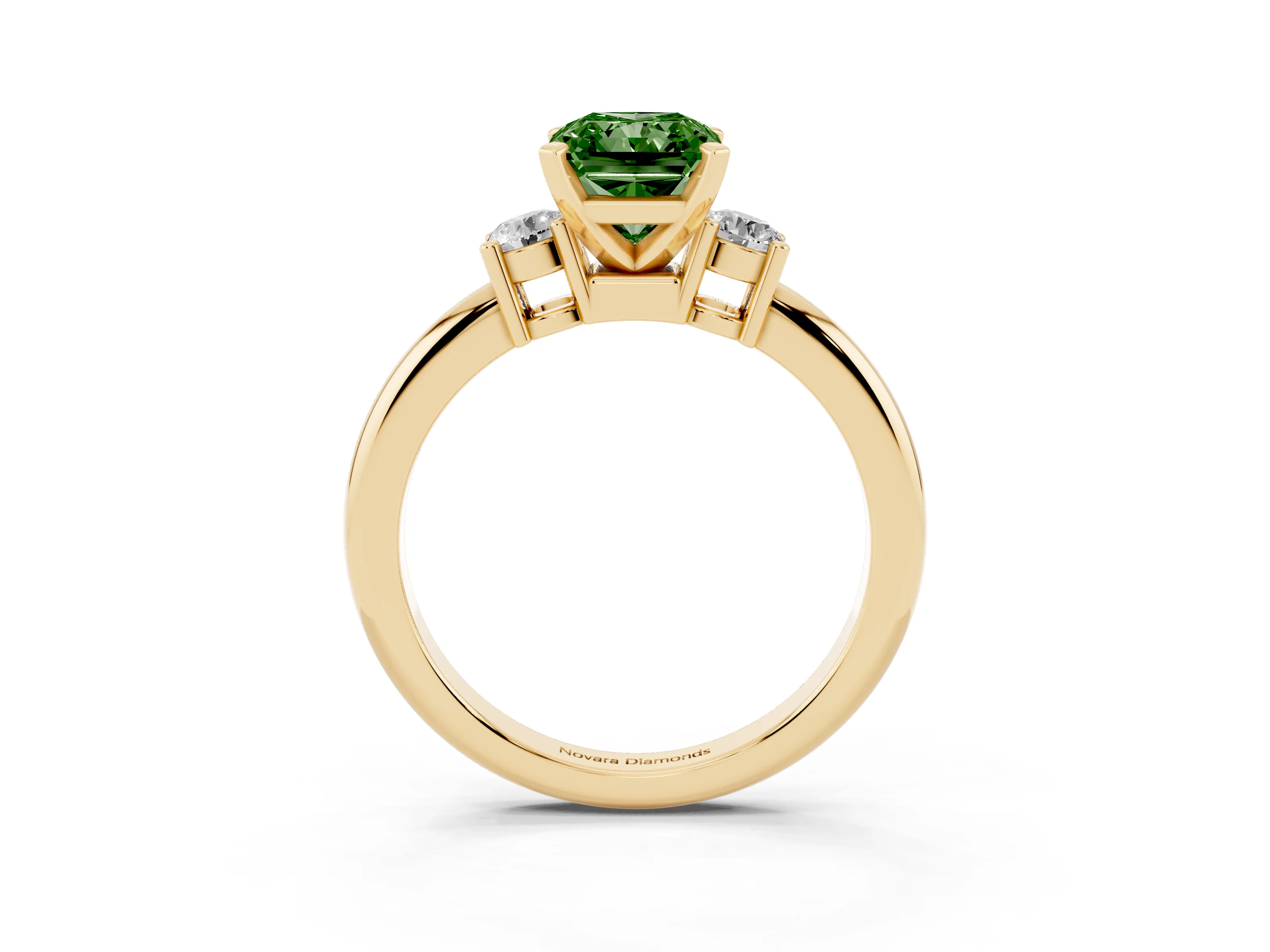Fancy Green Three-Stone Radiant Cut Diamond Ring Set in Yellow gold with Prong Setting and Plain Band