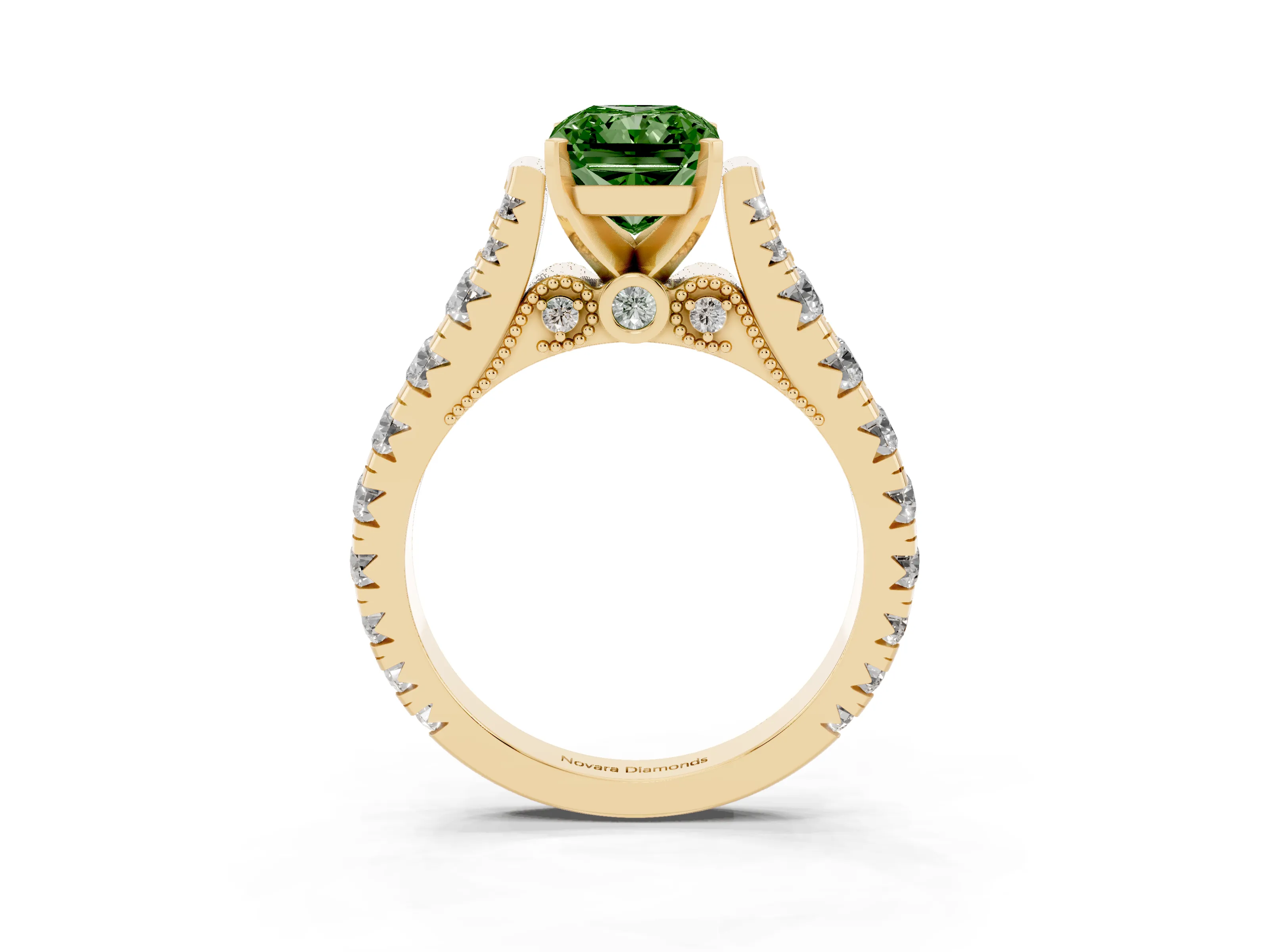 Fancy Green Radiant Cut Diamond Classic Solitaire Ring Set in Yellow gold with Pavé Band and Prong Setting