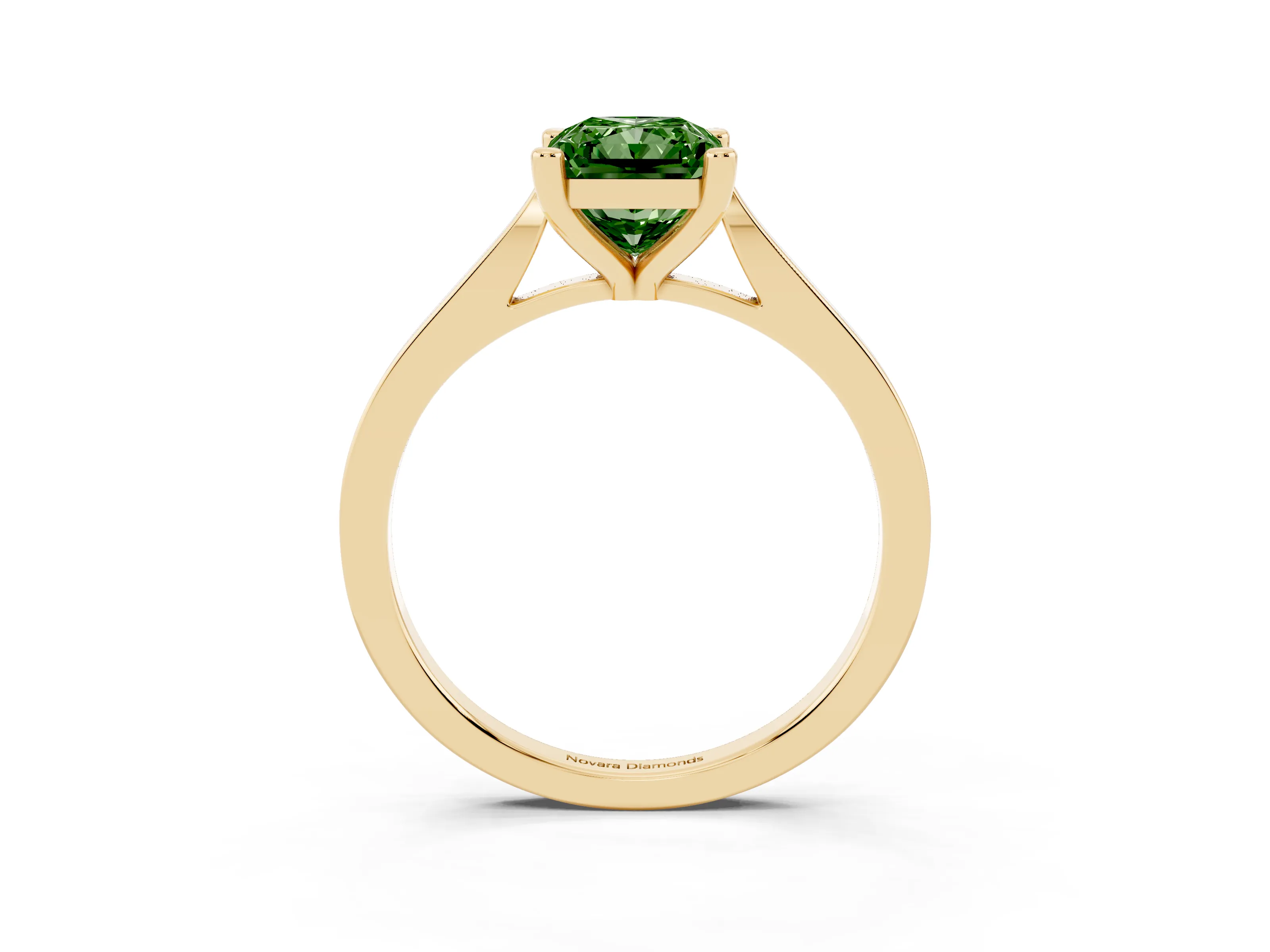 Fancy Green Radiant Cut Diamond Solitaire Ring Set in Yellow gold with Prong Setting and Tapered Band