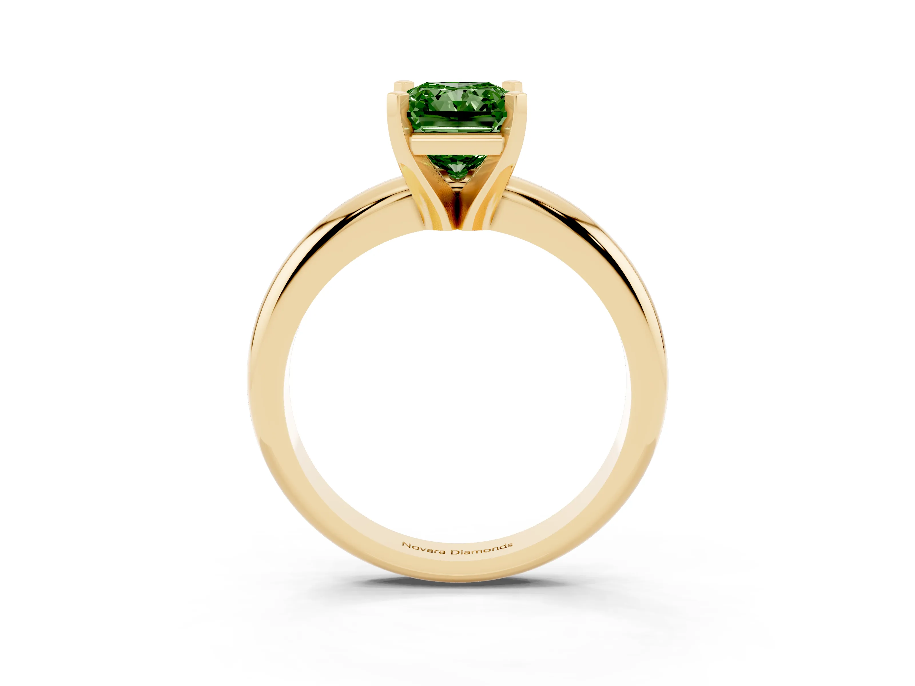 Fancy Green Radiant Cut Diamond Solitaire Engagement Ring Set in Yellow gold with Round Band and Prong Setting
