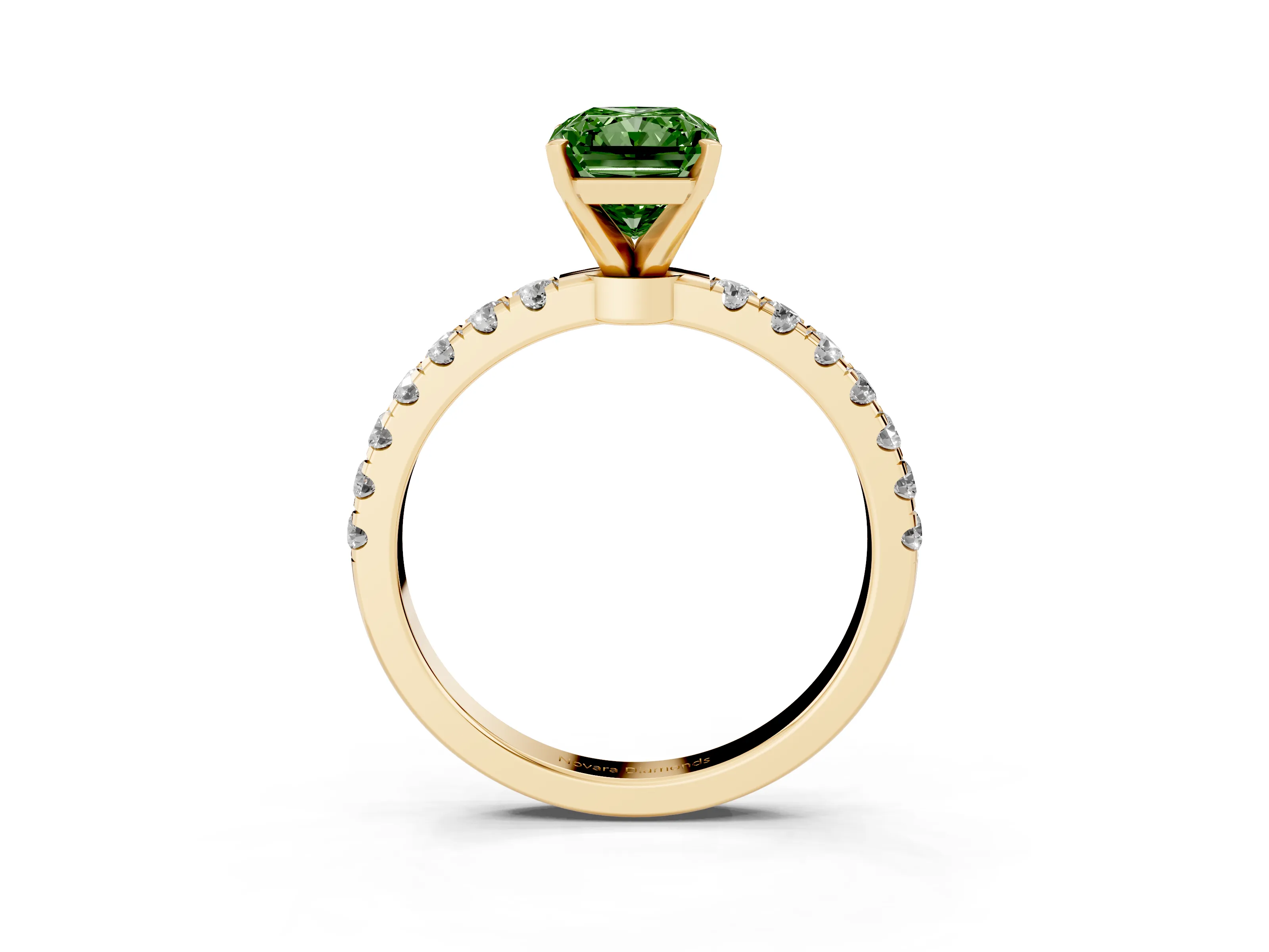 Fancy Green Radiant Cut Diamond Solitaire Ring Set in Yellow gold with Pavé Accents and Prong Setting