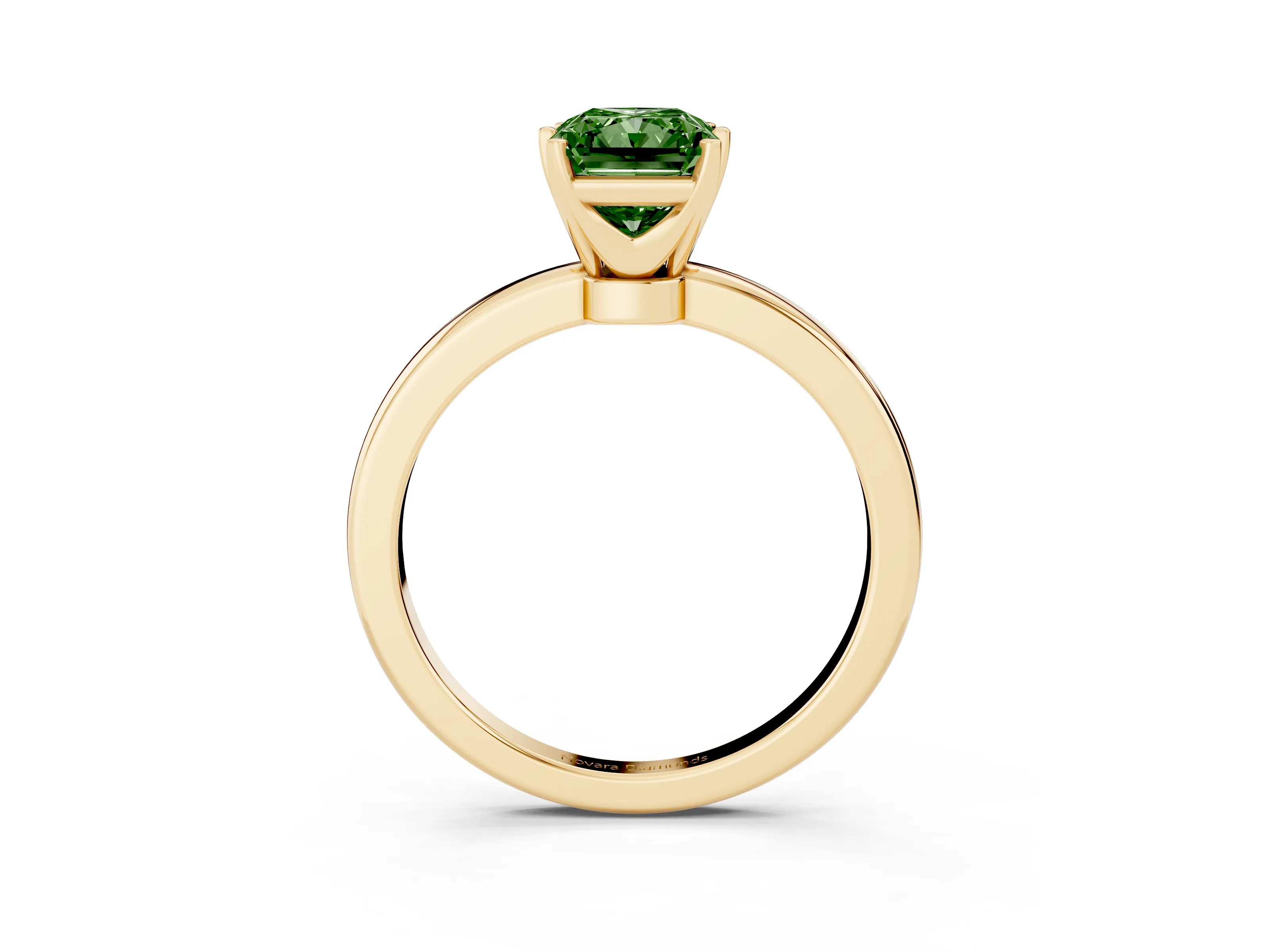 Fancy Green Radiant Cut Diamond Solitaire Ring Set in Yellow gold with Raised Prong Setting on a Classic Band
