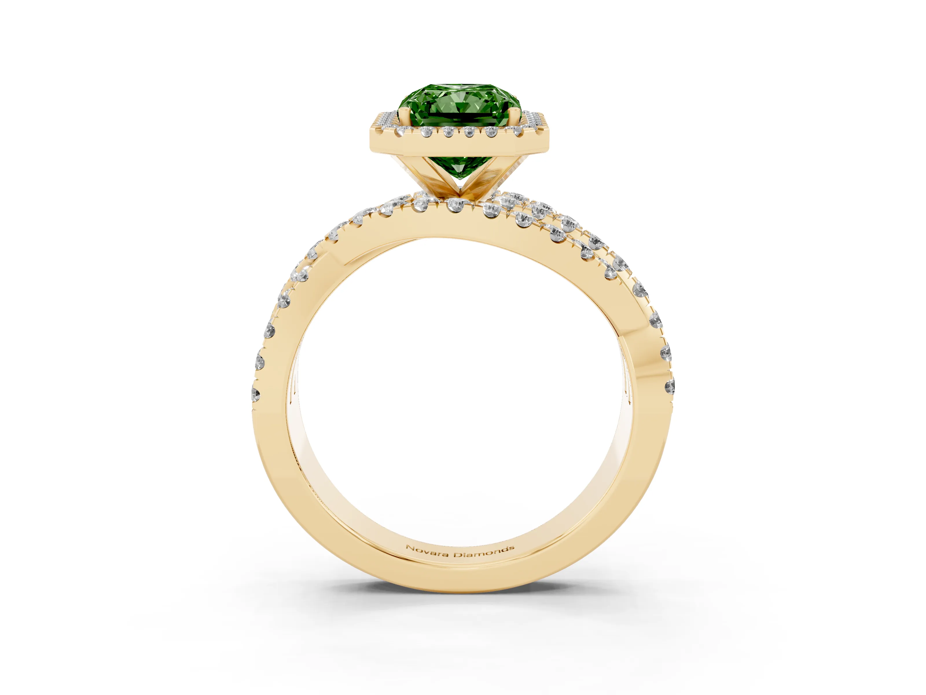Fancy Green Radiant Cut Diamond Halo Ring Set in Yellow gold with Round Crossover Split Shank and Prong Setting