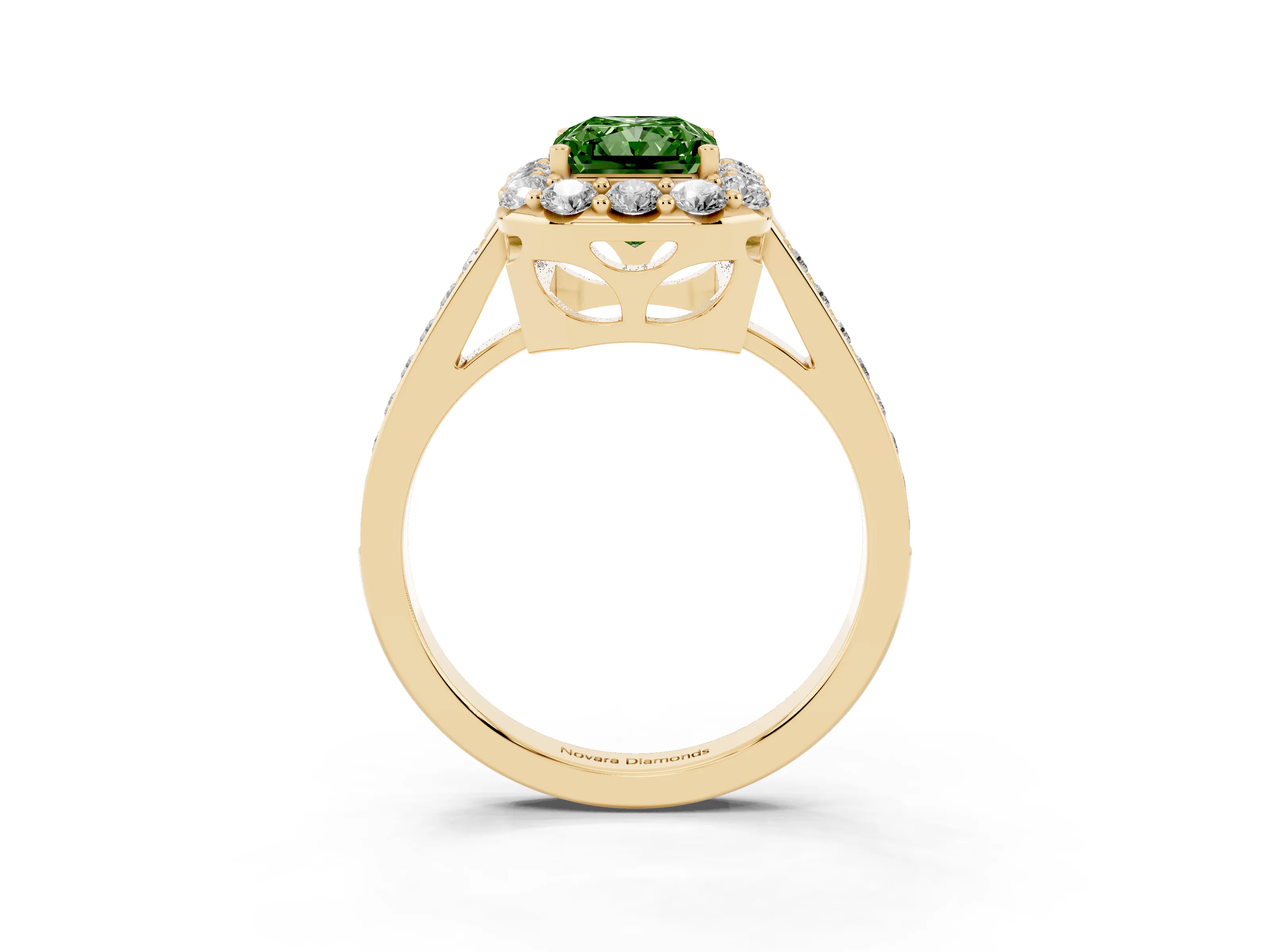 Fancy Green Radiant Cut Diamond Floral Halo Ring Set in Yellow gold with Pavé Band and Prong Setting