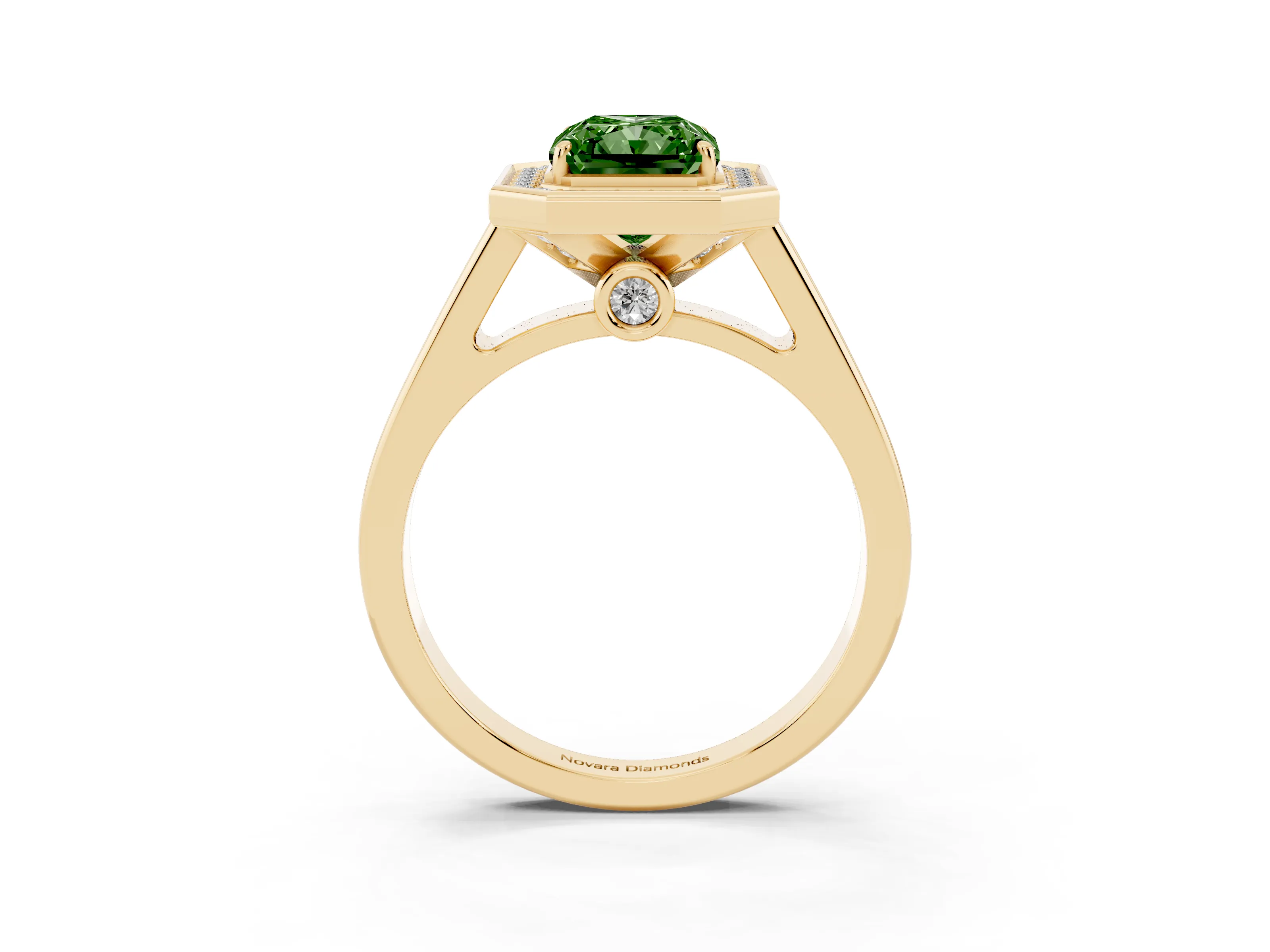 Fancy Green Radiant Cut Diamond Halo Solitaire Ring Set in Yellow gold with Pavé Band and Bezel Setting