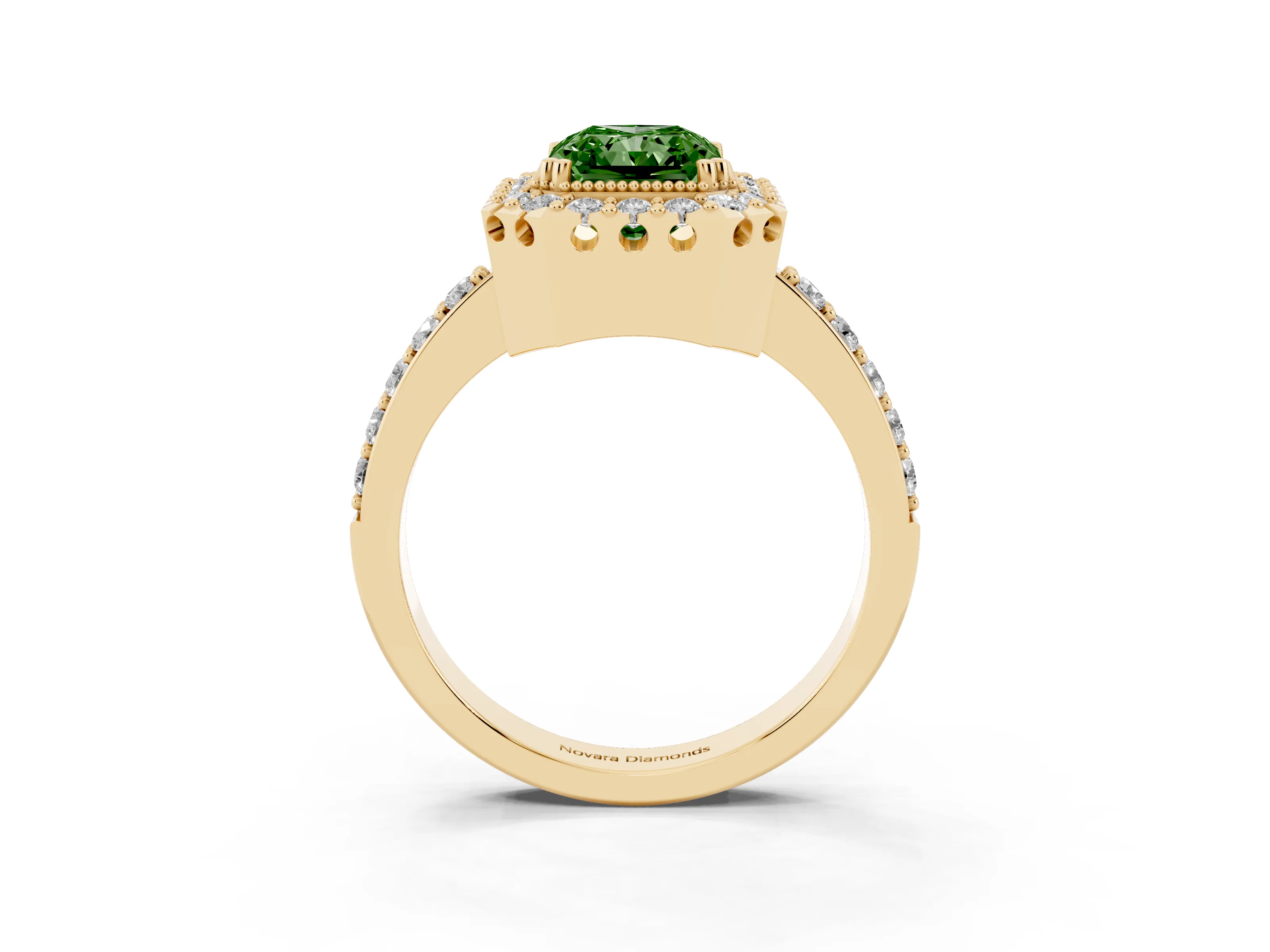 Fancy Green Radiant Cut Diamond Halo Ring Set in Yellow gold with Pavé Shank and Prong Setting