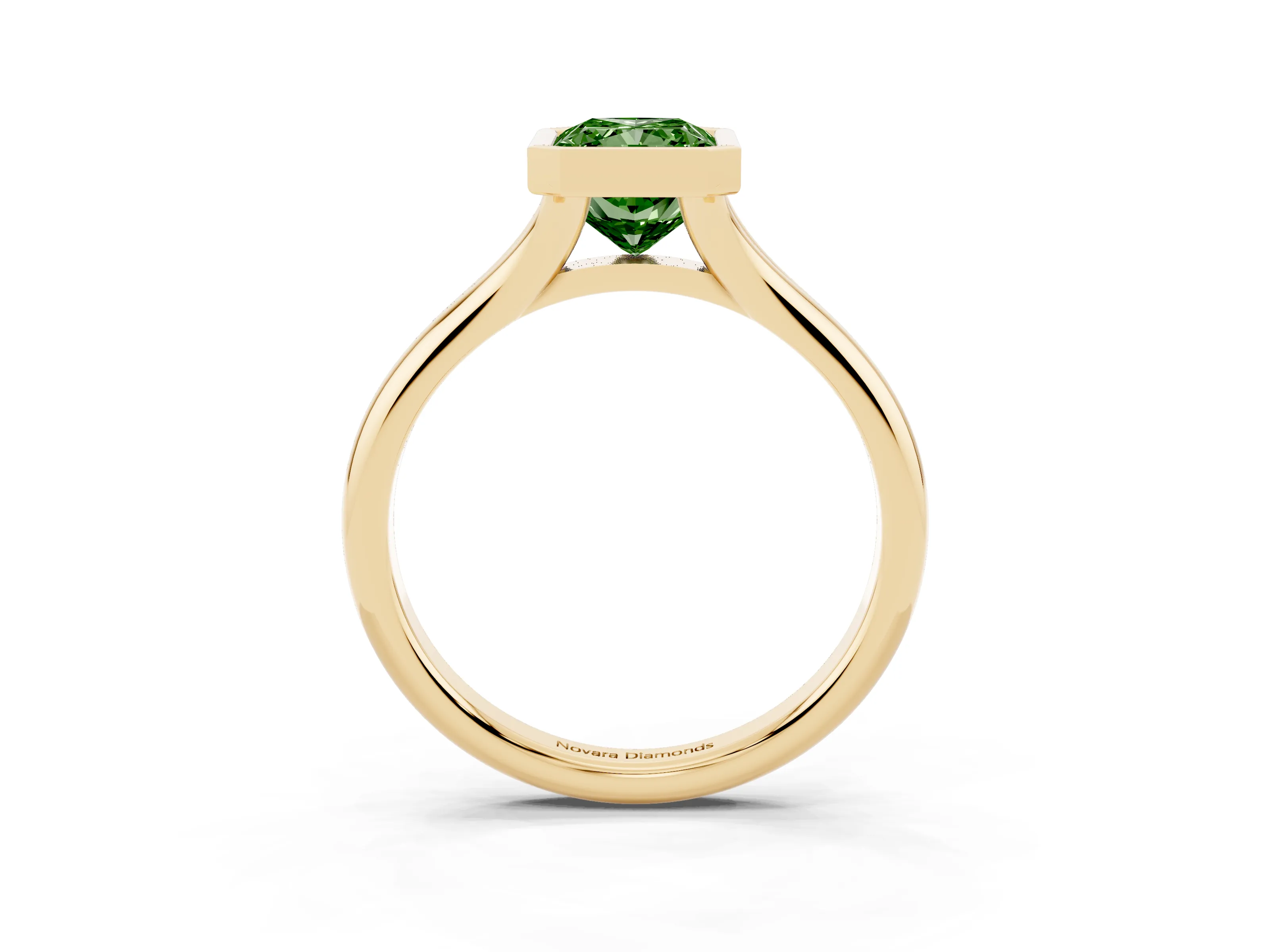 Fancy Green Bezel Set Radiant Cut Diamond Solitaire Ring Set in Yellow gold with Smooth Band