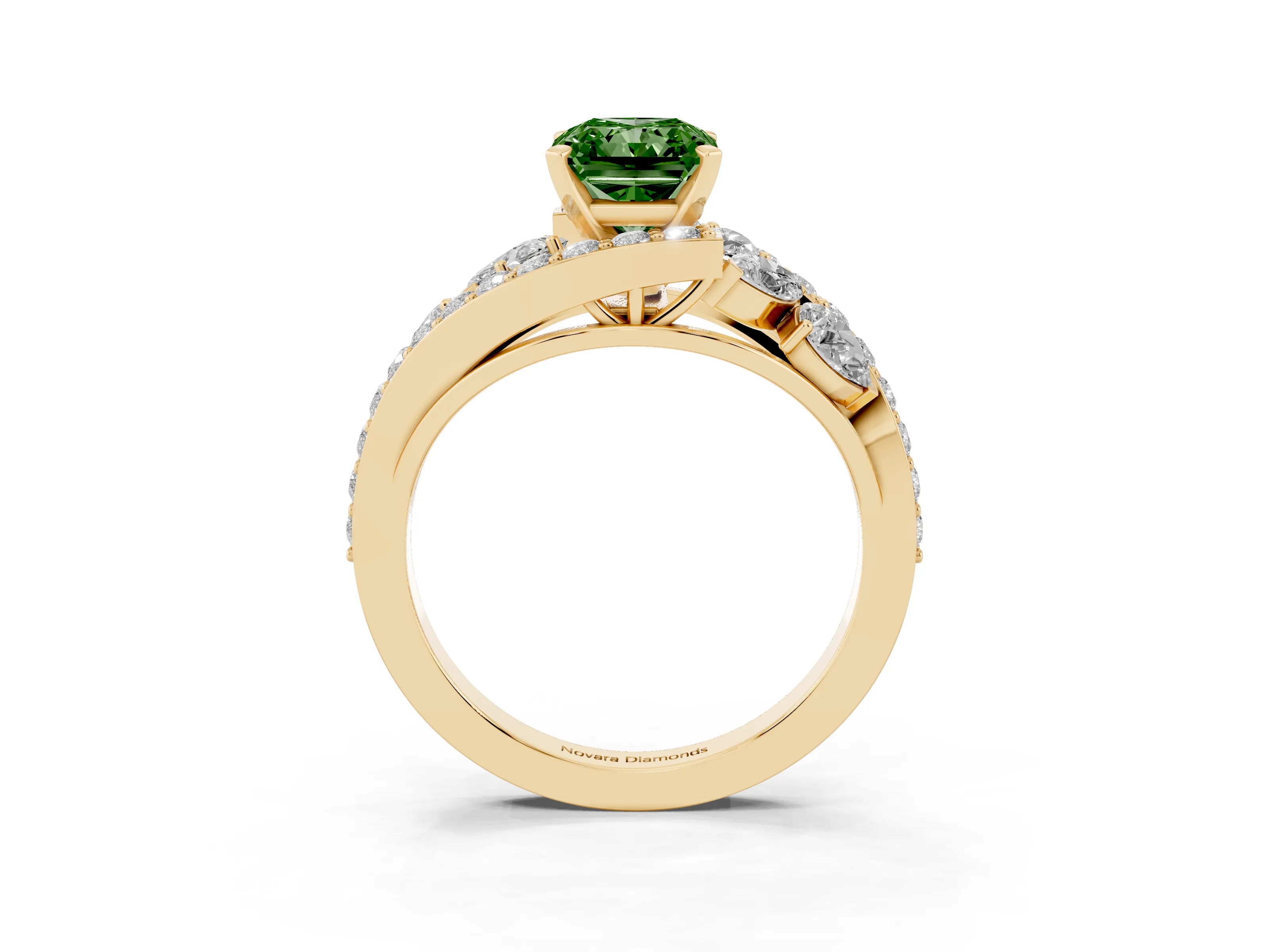Fancy Green Radiant Cut Diamond Halo Ring Set in Yellow gold with Marquise and Pavé Band in Prong Setting