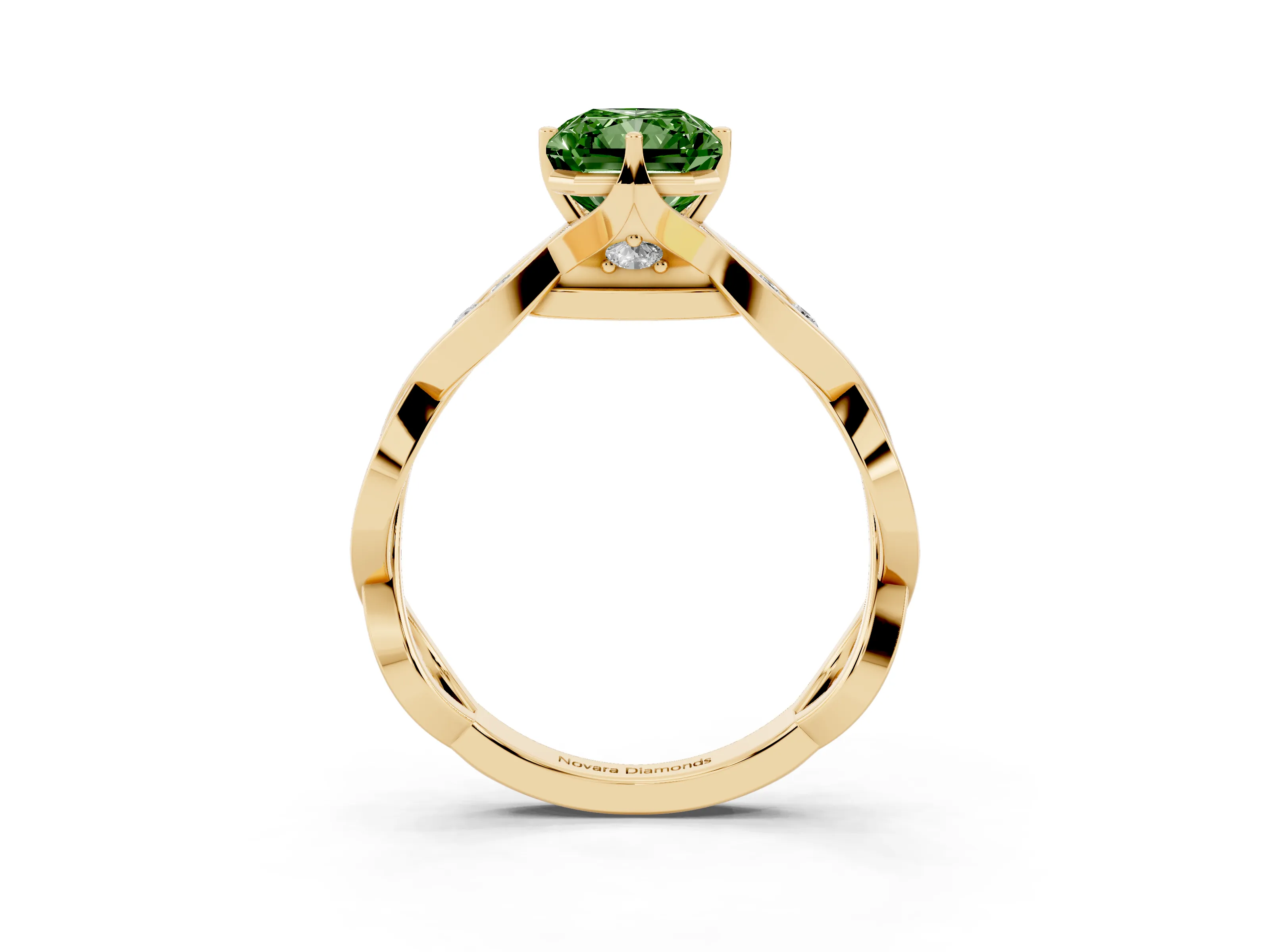 Fancy Green Radiant Cut Diamond Twist Band Solitaire Ring Set in Yellow gold with Leaf Prong Setting and Accent Stones