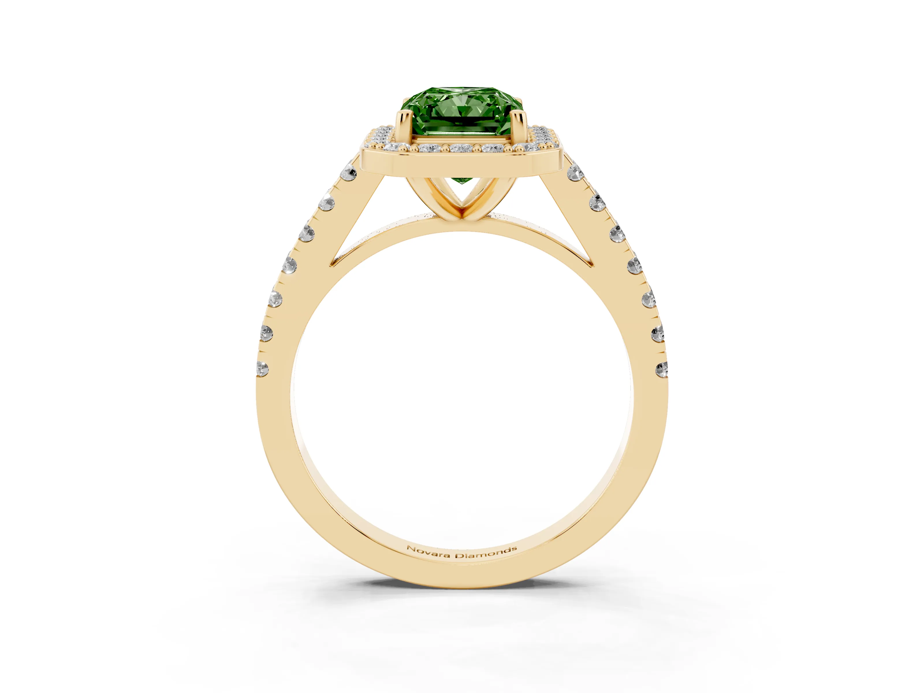 Fancy Green Radiant Cut Diamond Halo Ring Set in Yellow gold with Round Pavé Split Shank and Prong Setting