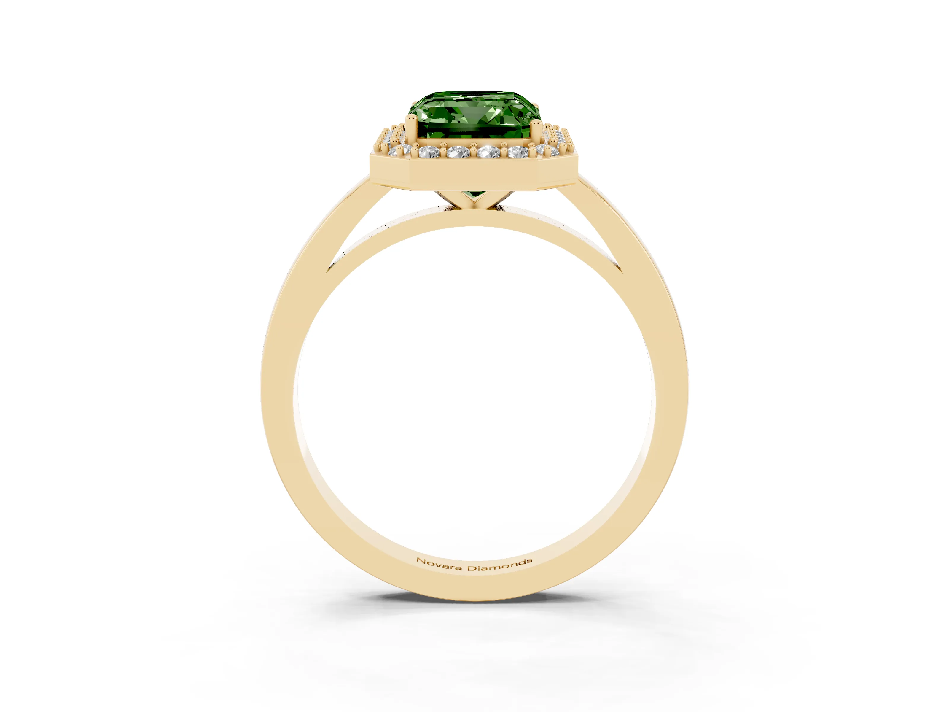 Fancy Green Radiant Cut Diamond Halo Ring Set in Yellow gold with Solitaire Band and Prong Setting
