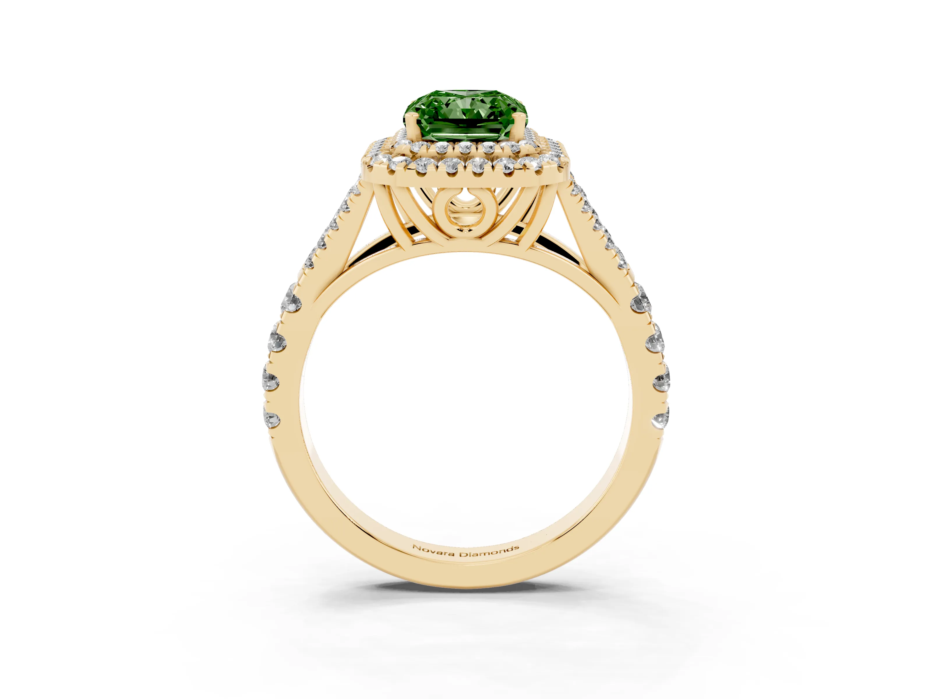 Fancy Green Radiant Cut Diamond Pavé Split Shank Double Halo Engagement Ring Set in Yellow gold