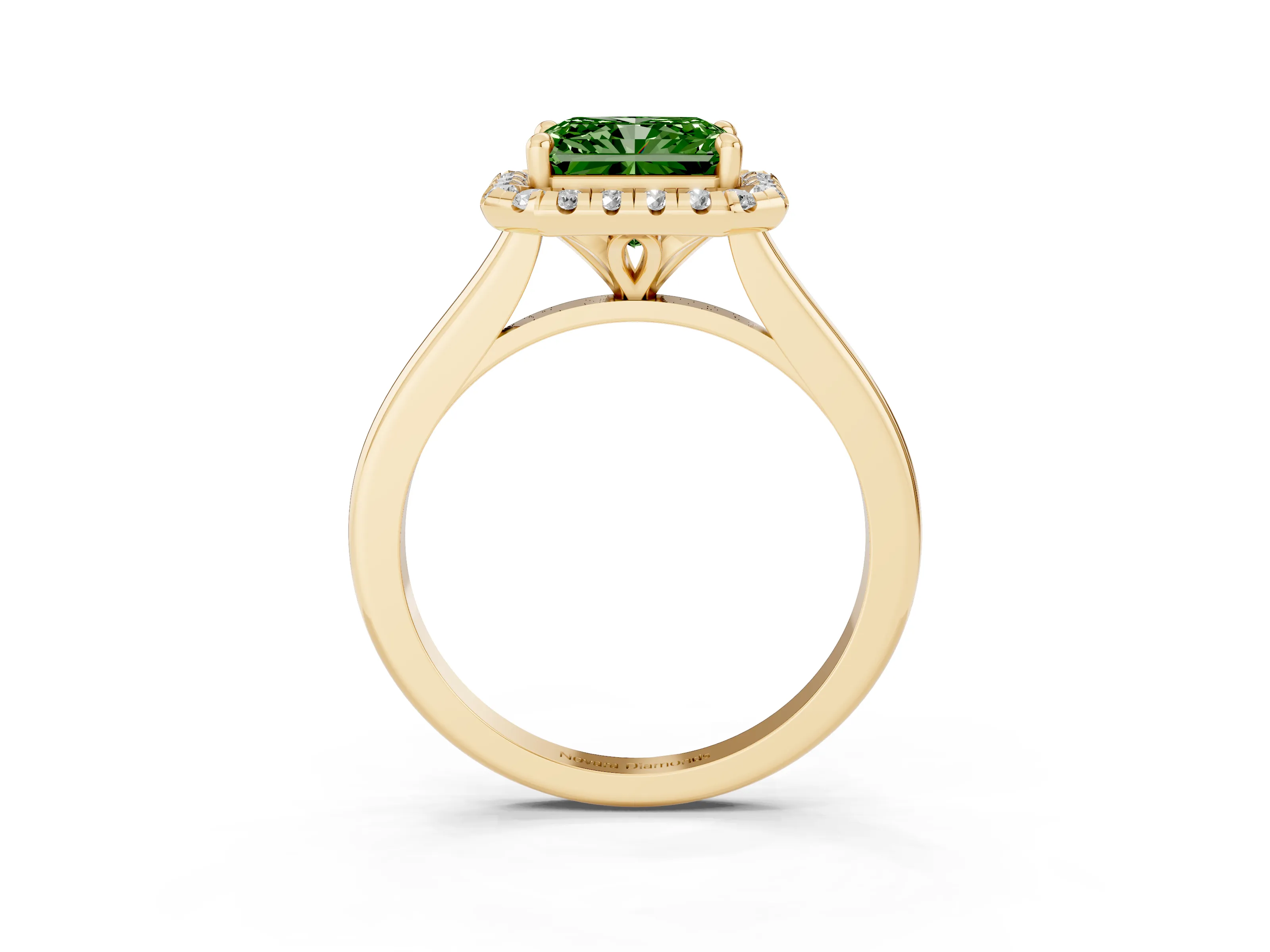 Fancy Green Radiant Cut Diamond Halo Engagement Ring Set in Yellow gold with Pavé Band and Rising Shoulders