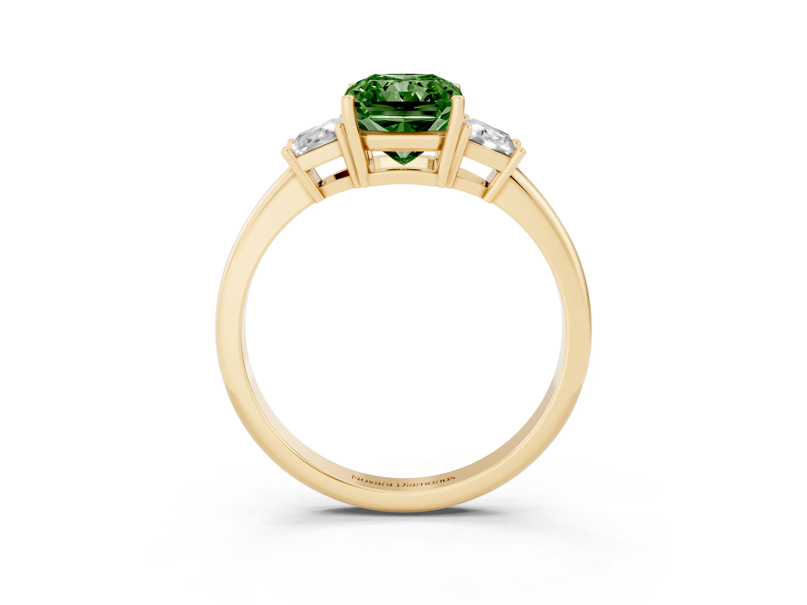 Fancy Green Radiant Cut Diamond Three-Stone Ring Set in Yellow gold with Trapezoid Side Stones and Prong Setting