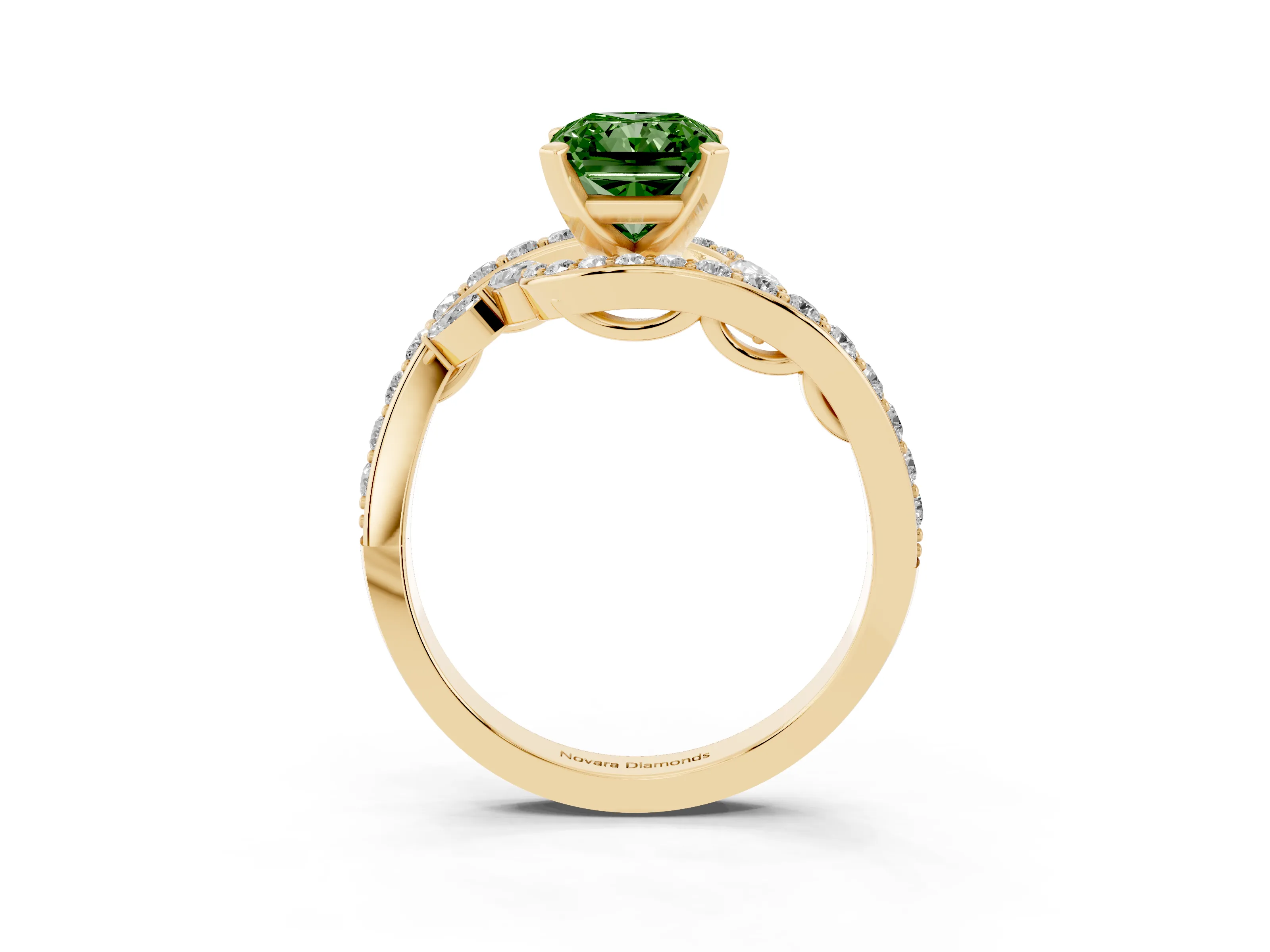 Fancy Green Radiant Cut Diamond Solitaire Ring Set in Yellow gold with Pavé Twist Band and Secure Prong Setting