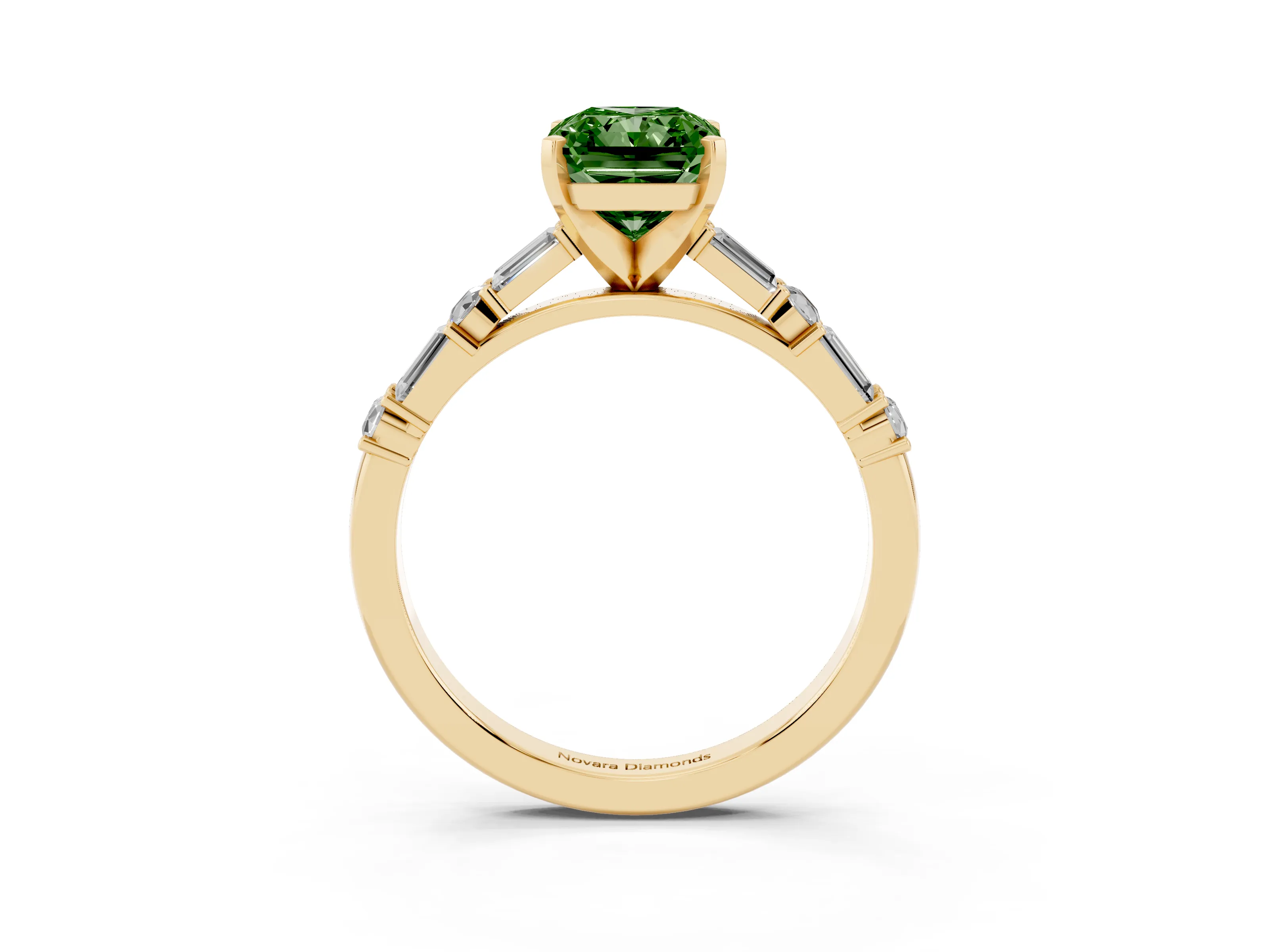 Fancy Green Radiant Cut Diamond Solitaire Set in Yellow gold with Side Baguettes and Channel Set Band