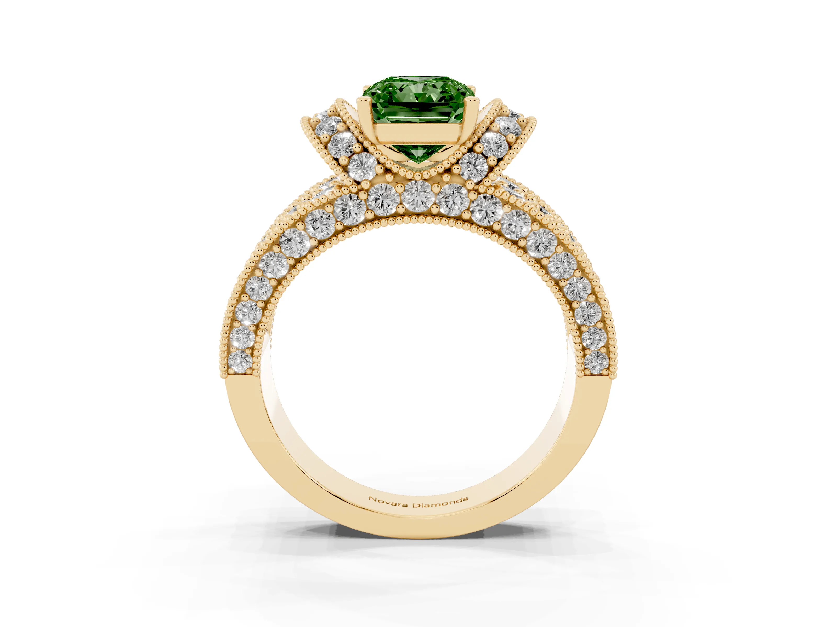 Fancy Green Radiant Cut Diamond Milgrain Halo Pavé Engagement Ring Set in Yellow gold with Prong Setting