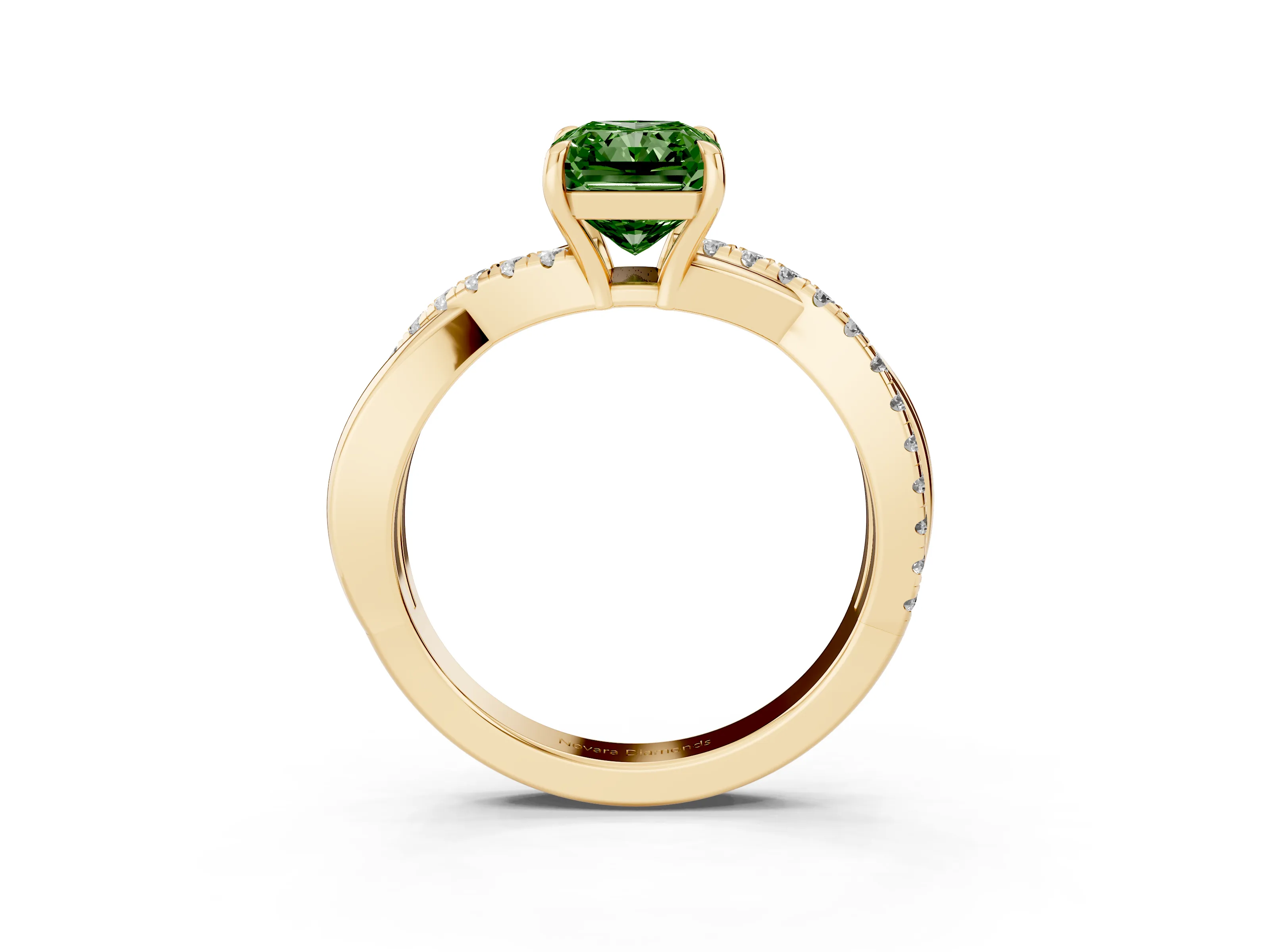 Fancy Green Radiant Cut Diamond Twisted Pavé Band Ring Set in Yellow gold with Prong Setting
