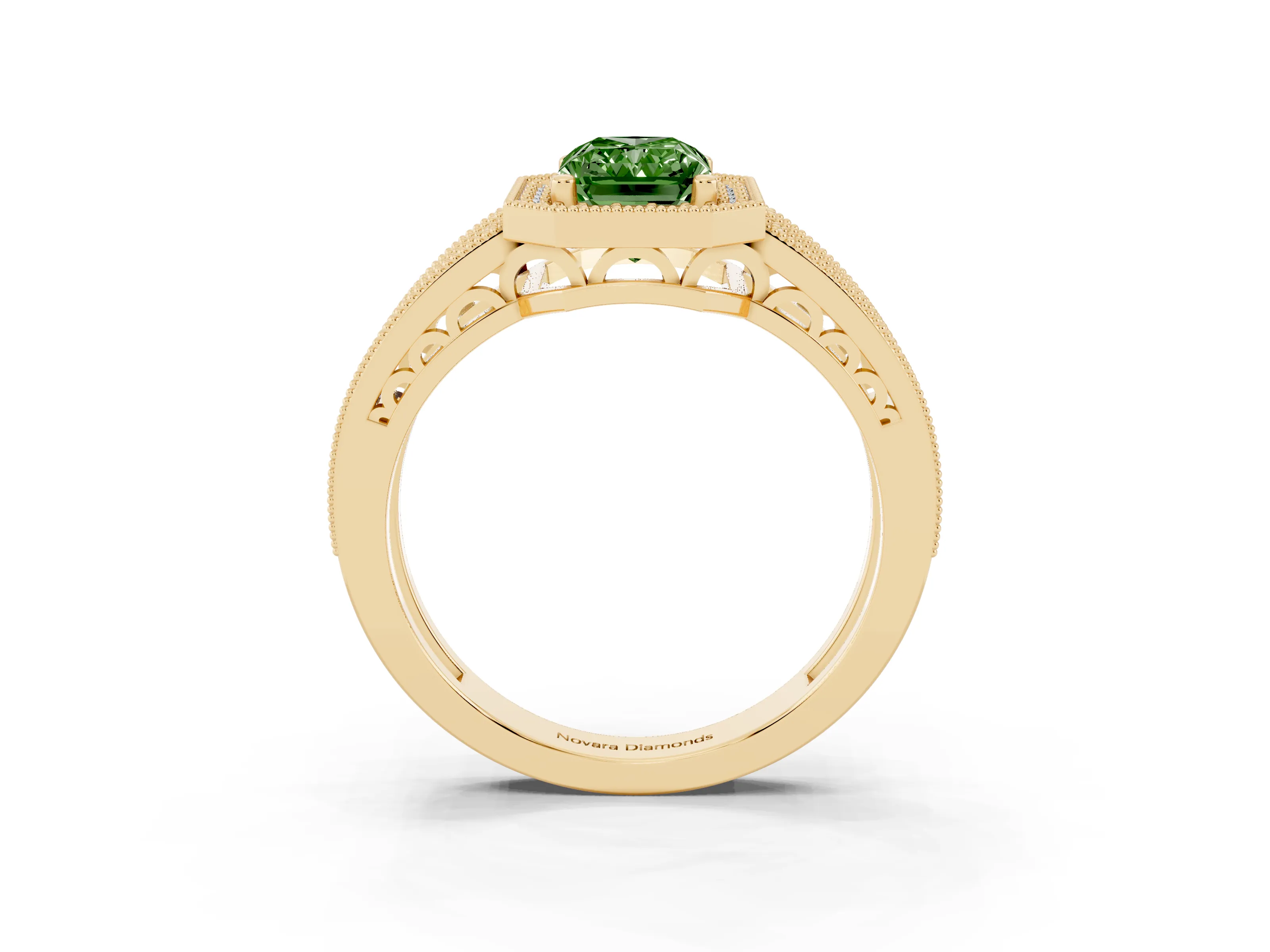 Fancy Green Radiant Cut Diamond Halo Ring Set in Yellow gold with Accent Split Shank and Prong Setting